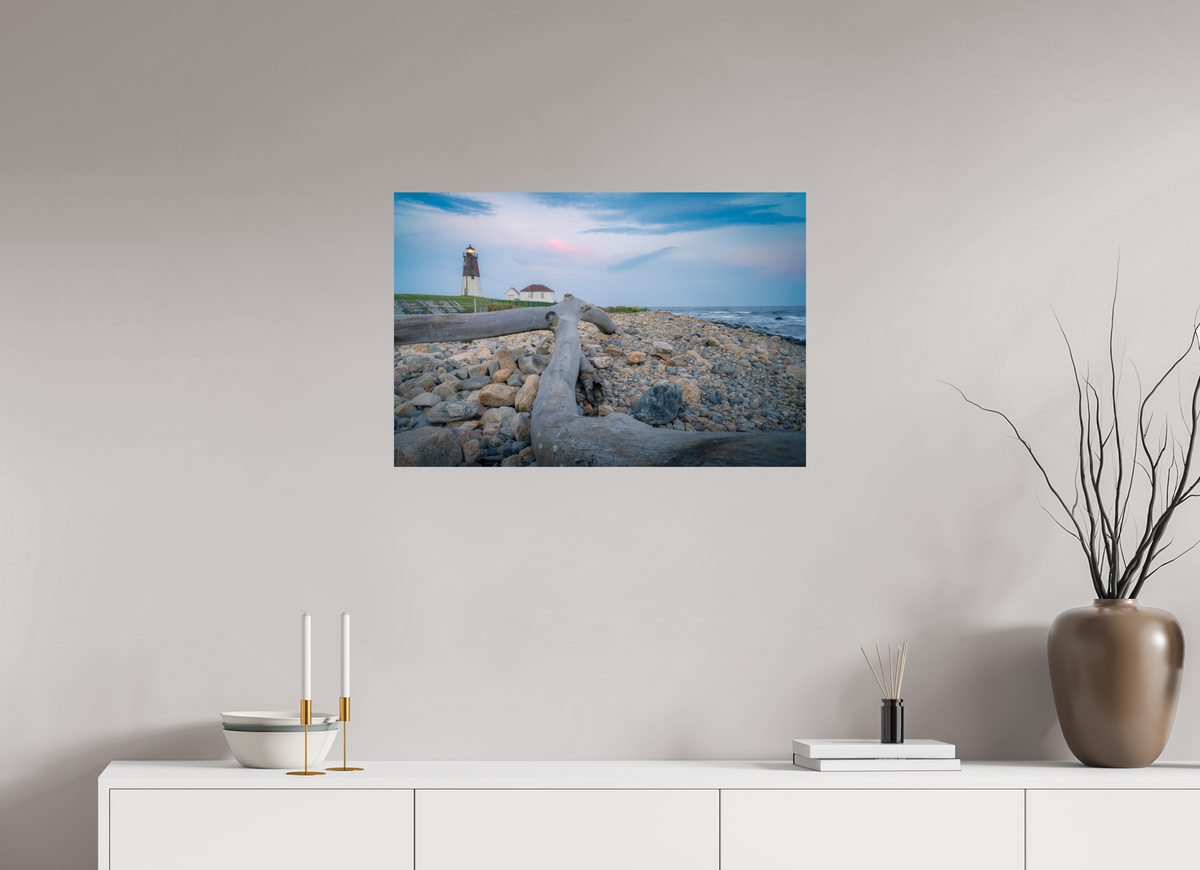 30 x 20″, Premium Metallic Effect Photo Print on Fuji Crystal Pearl Paper Driftwood at Pt. Judith Lighthouse