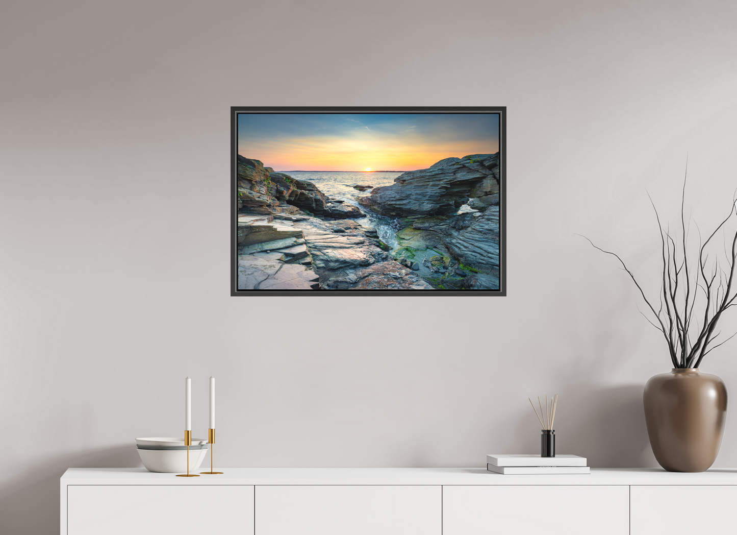 30 x 20″, Matte Canvas Print with Black Wood Floater Frame Sun on the Horizon
