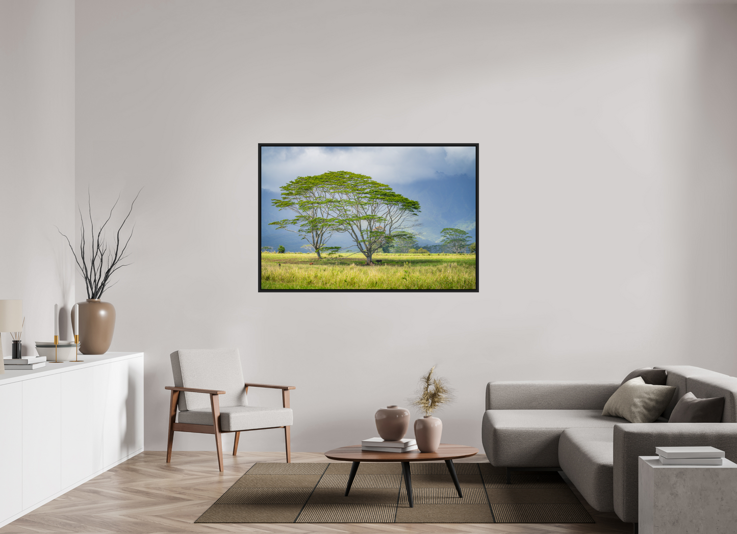 60 x 40″, Photo Print under Acrylic Glass with Black Wood Floater Frame Savanna Trees of Kauai