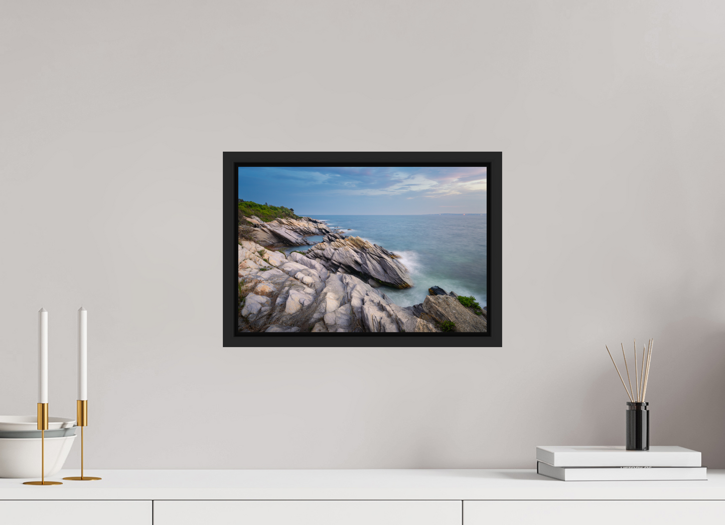 15 x 10″, Premium ChromaLuxe HD Aluminum Metal Print with Black Wood Floater Frame Blue Hour at Beavertail