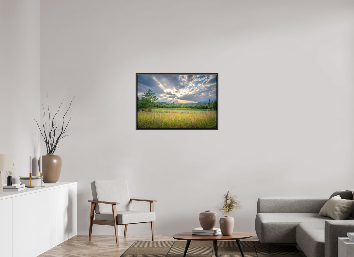 36 x 24″, Matte Canvas Print with Black Wood Floater Frame Mountain Sun Rays
