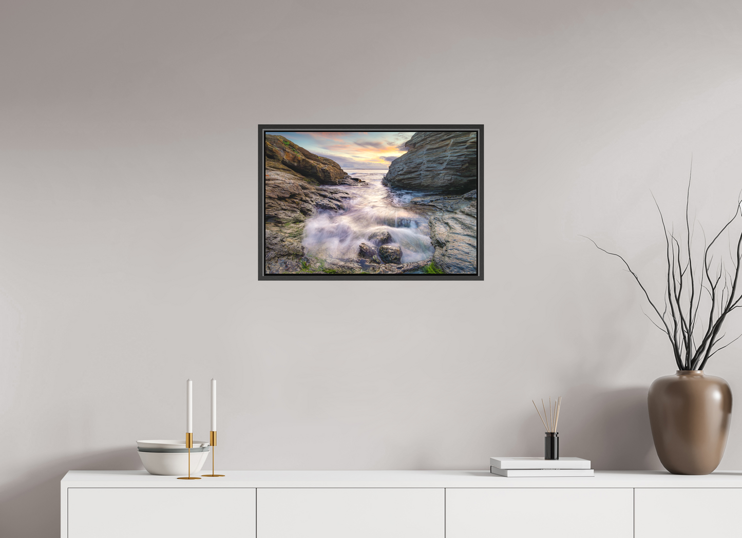 24 x 16″, Matte Canvas Print with Black Wood Floater Frame Waves Approaching