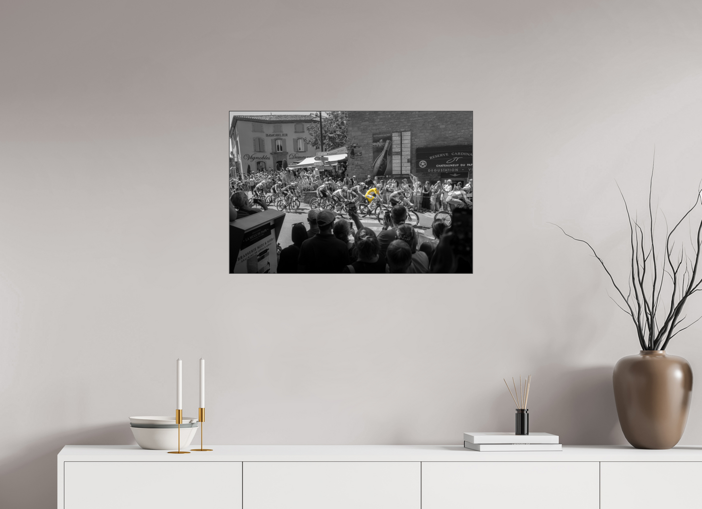 30 x 20″, Photo Print under Acrylic Glass with Black Slimline Case Tour de France Leader Tadej Pogacar in the Yellow Jersey