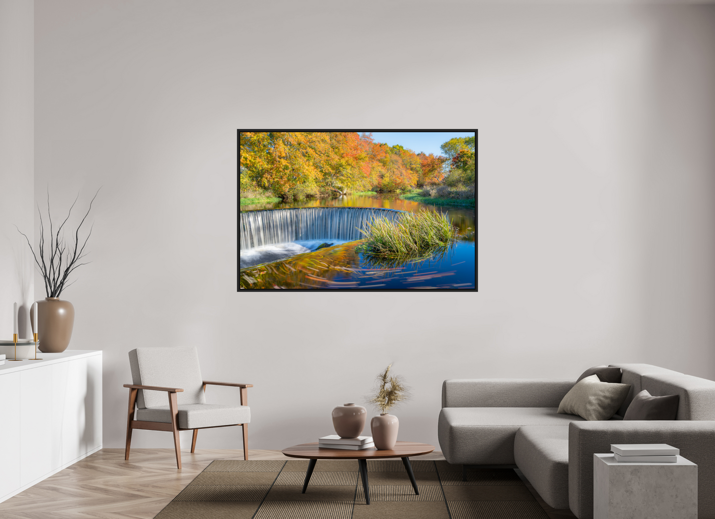 66 x 44″, Photo Print under Acrylic Glass with Black Wood Floater Frame Peak Fall Colors Over Horseshoe Falls