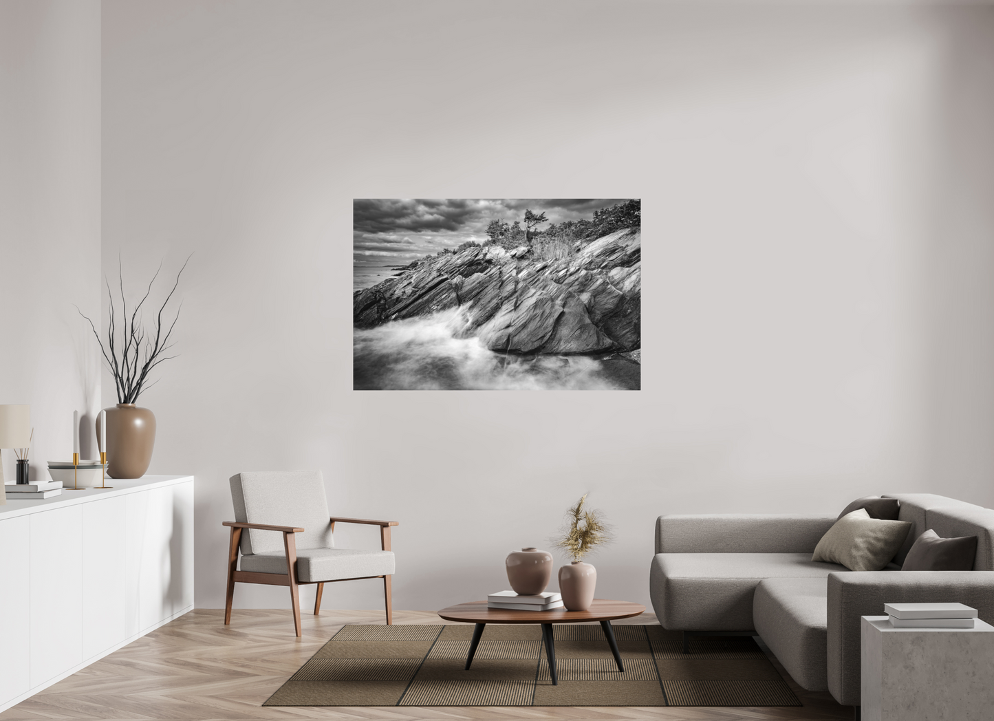 60 x 40″, Matte Photo Print on Fuji Crystal DP II Rough Seas Against Beavertail Cliffs