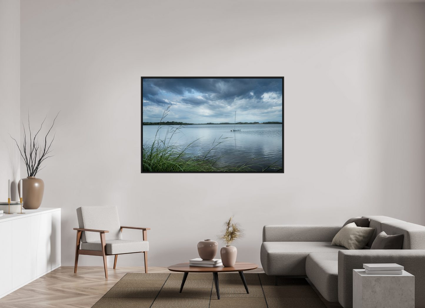 66 x 44″, ChromaLuxe HD Metal Print with Black Wood Floater Frame Lonely Boat on Sachem Pond