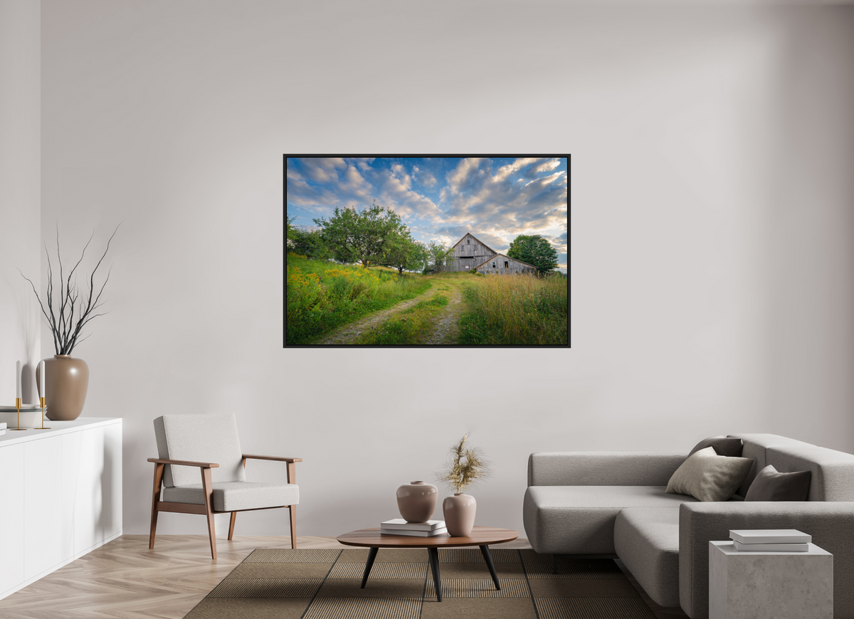 66 x 44″, Premium Photo Print under Acrylic Glass with Black Wood Floater Frame Countryside Barn