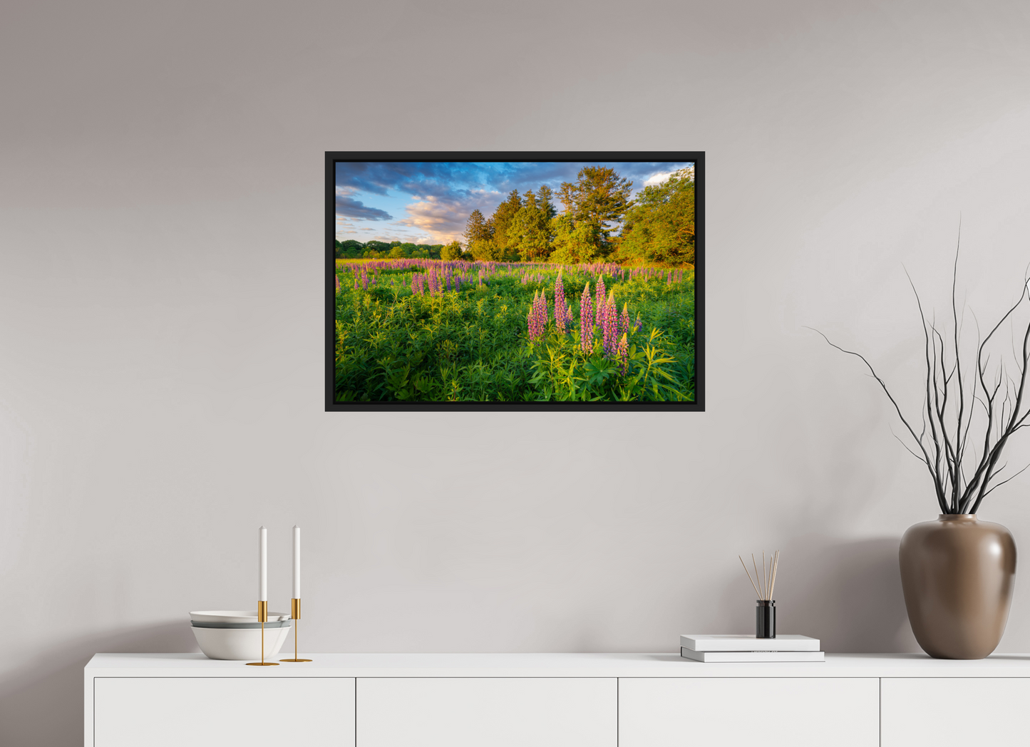 30 x 20″, Premium Photo Print under Acrylic Glass with Black Wood Floater Frame Lupines at Golden Hour