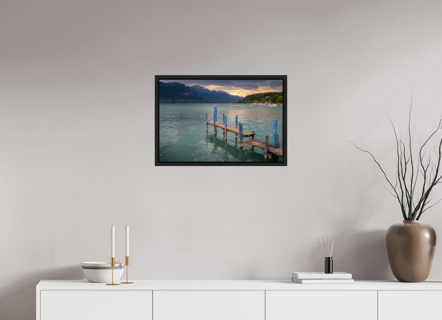 24 x 16″, Photo Print under Acrylic Glass with Black Wood Floater Frame Thunderstorm over Lake Annecy