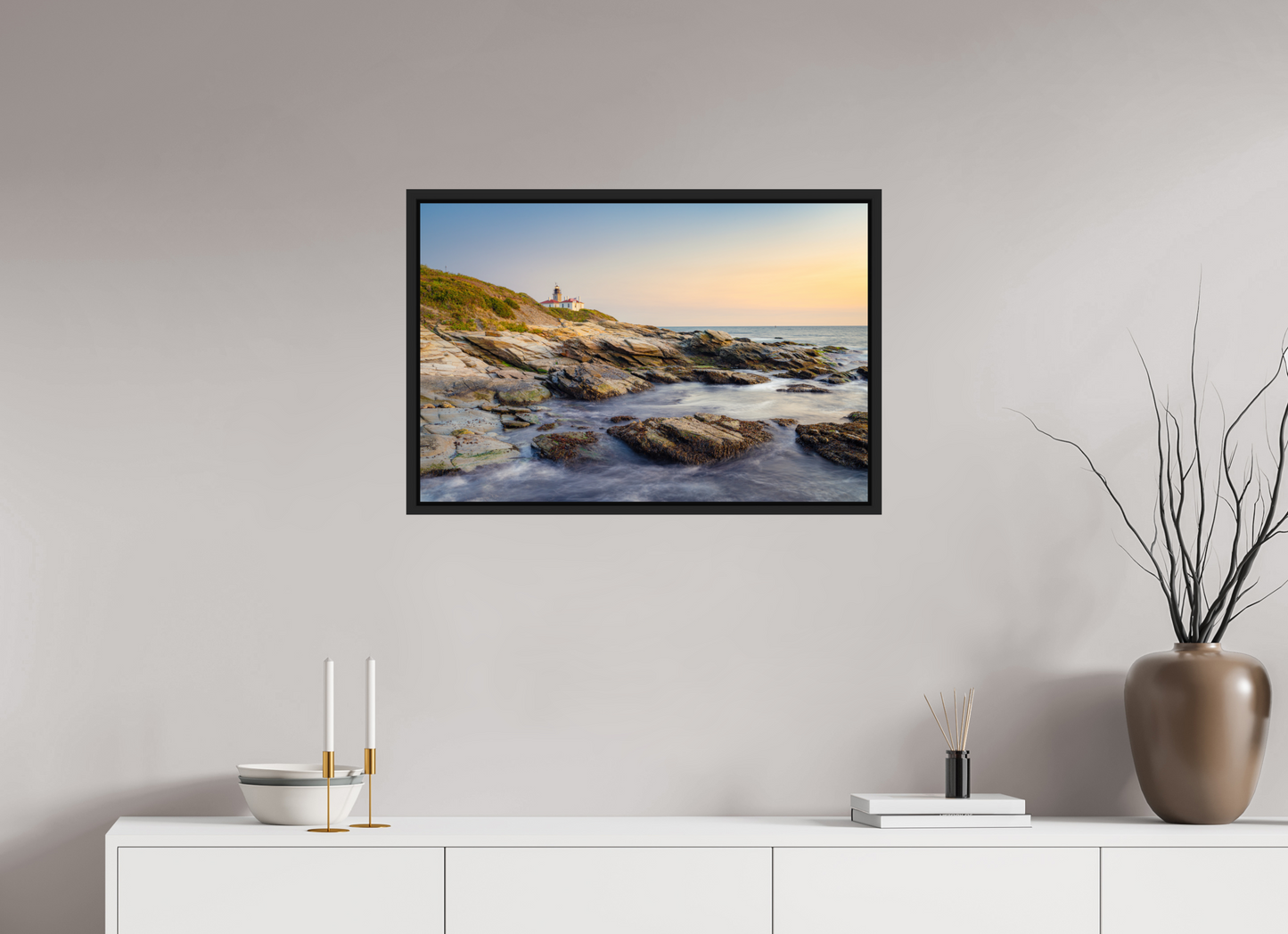 30 x 20″, ChromaLuxe HD Metal Print with Black Wood Floater Frame Beavertail Lighthouse