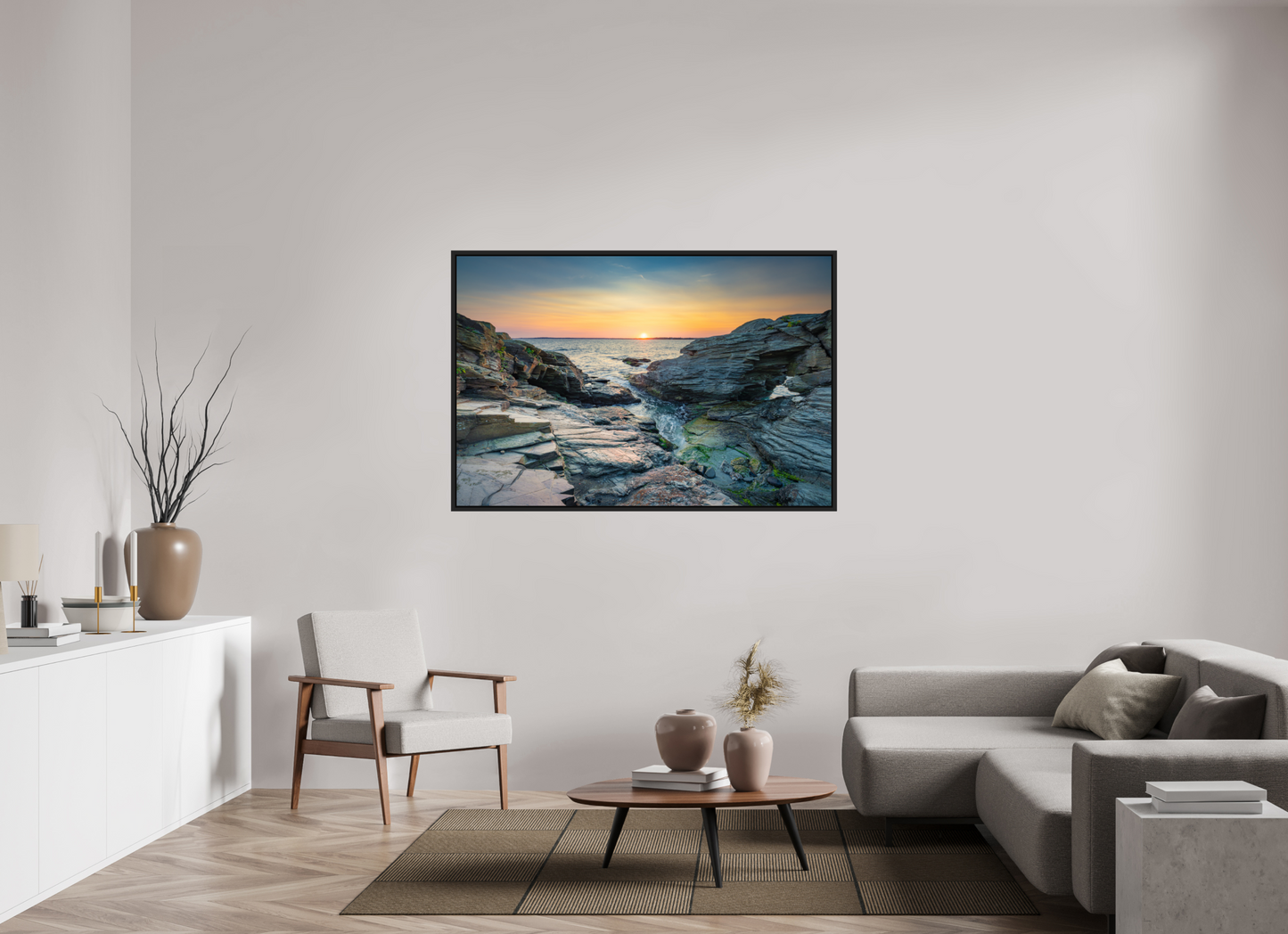 60 x 40″, Photo Print Under Acrylic Glass with Black Wood Floater Frame Sun on the Horizon