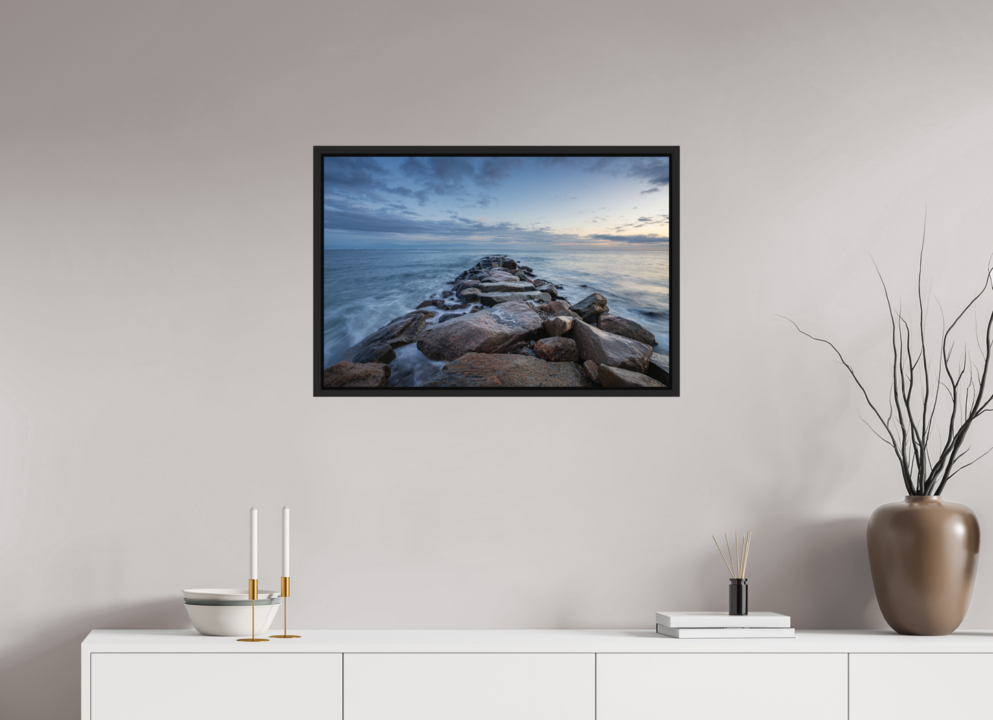 30 x 20″, ChromaLuxe HD Metal Print with Black Wood Floater Frame Roger Wheeler State Beach at Blue Hour