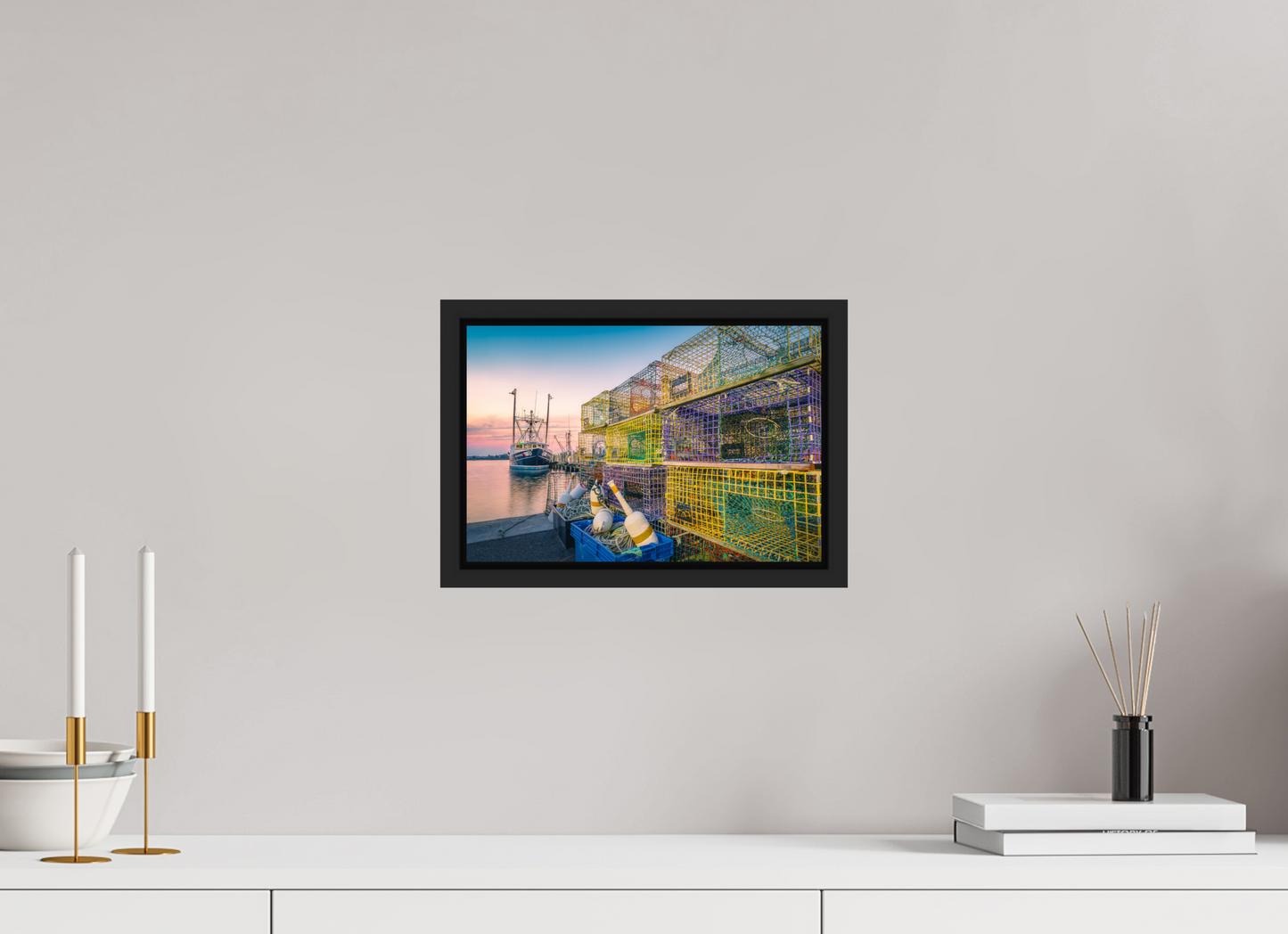 12 x 8″, Premium Photo Print under Acrylic Glass with Black Wood Floater Frame A Wall of Colorful Lobster Pots