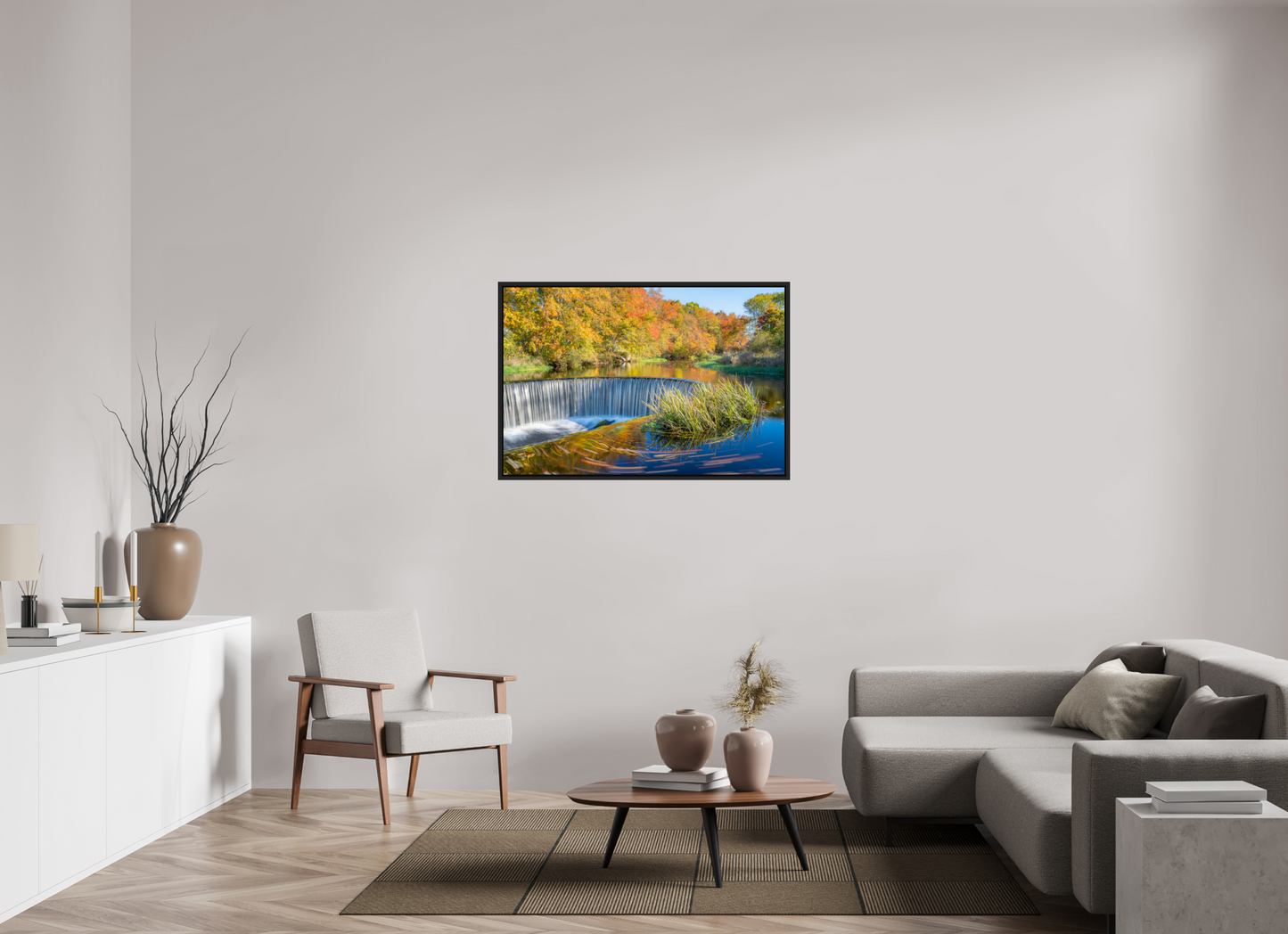 45 x 30″, Photo Print under Acrylic Glass with Black Wood Floater Frame Peak Fall Colors Over Horseshoe Falls