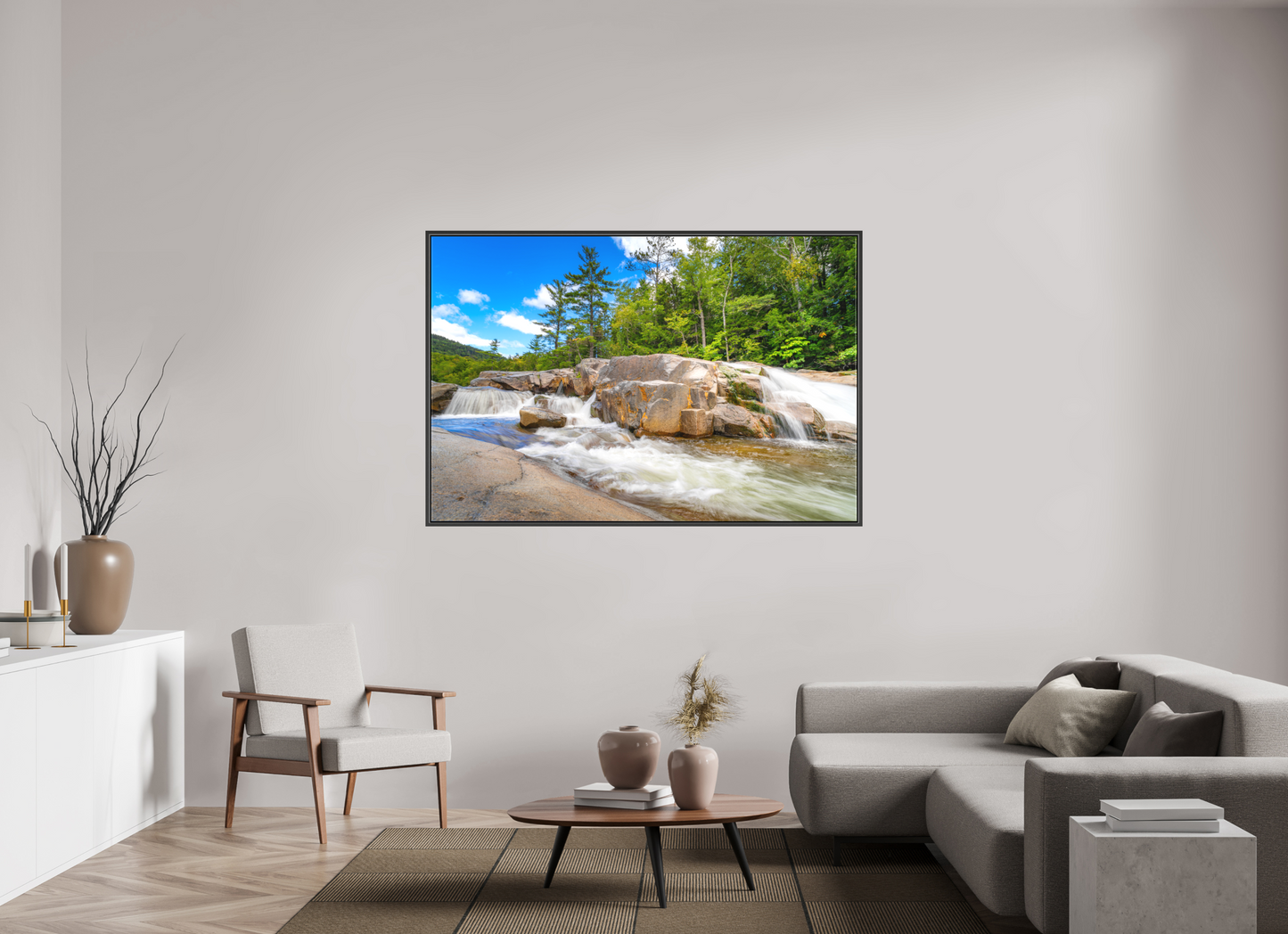 66 x 44″, Matte Canvas Print with Black Wood Floater Frame Kancamagus Waterfall