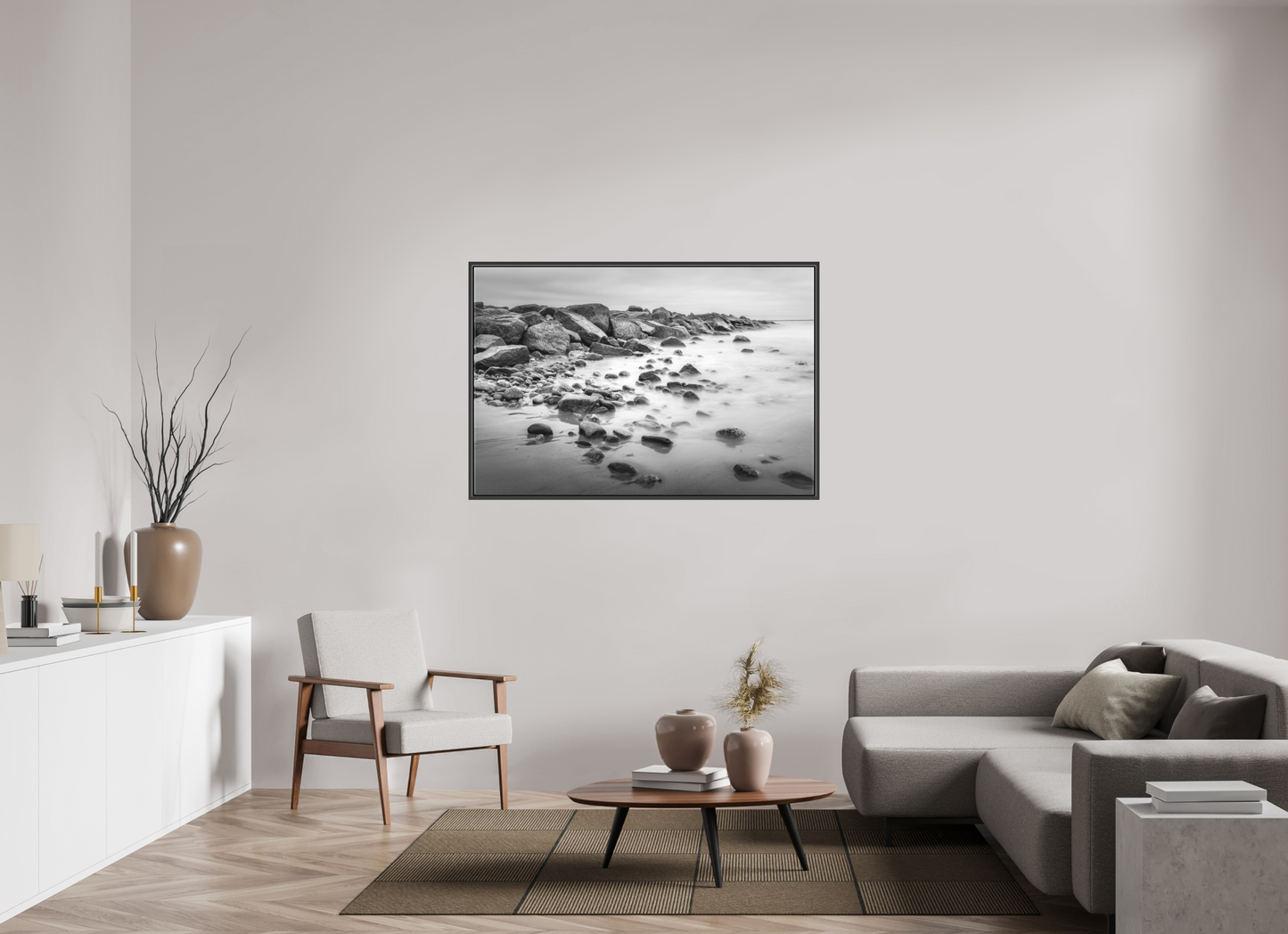 54 x 36″, Matte Canvas Print with Black Wood Floater Frame Overcast Morning at Sand Hill Cove