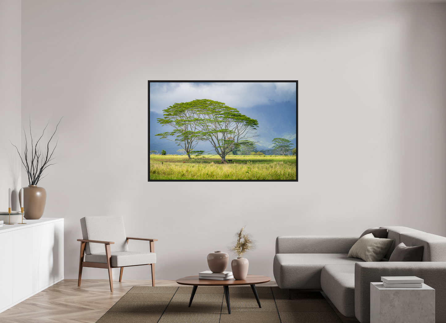 66 x 44″, ChromaLuxe HD Metal Print with Black Wood Floater Frame Savanna Trees of Kauai
