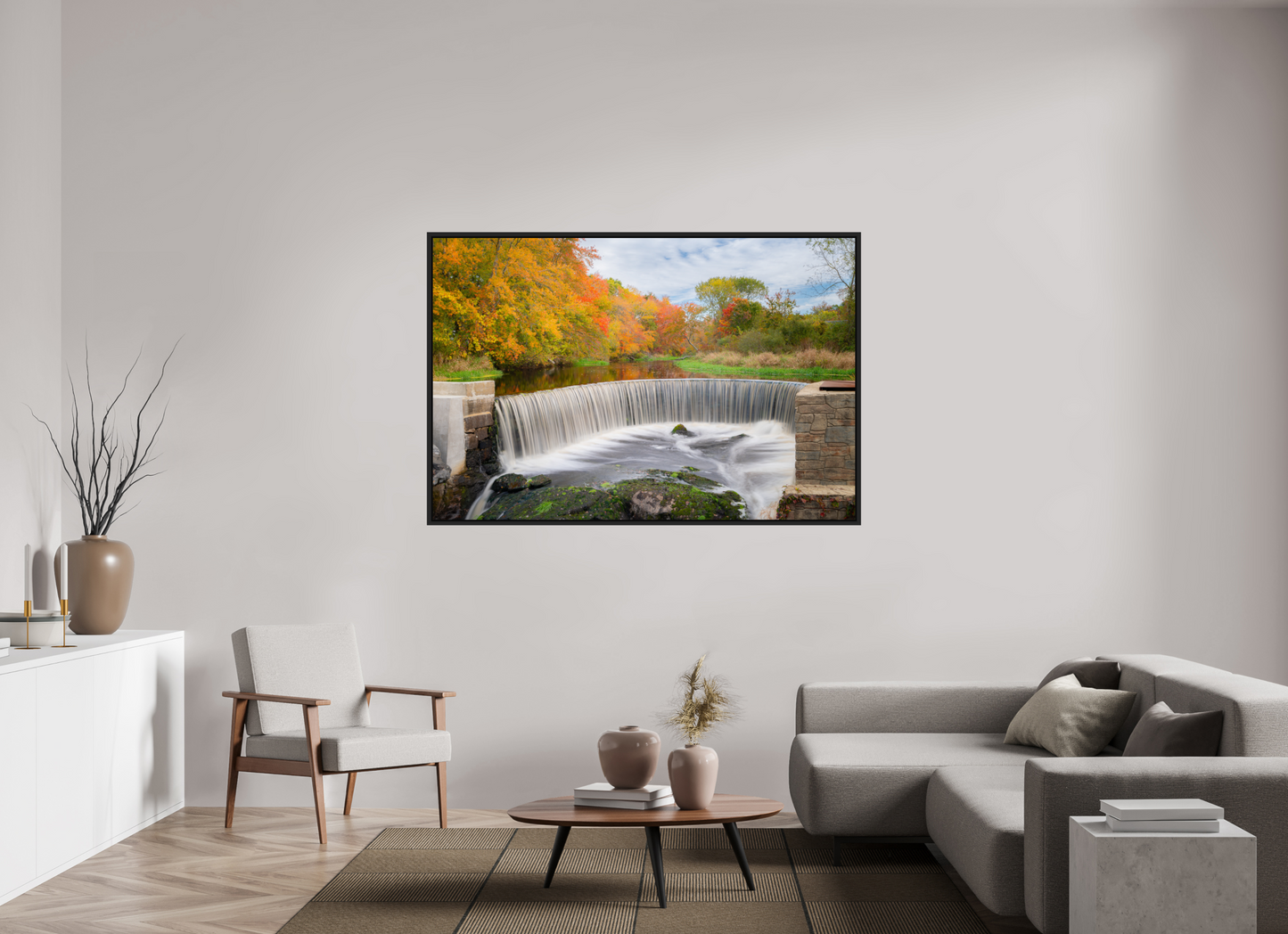 66 x 44″, ChromaLuxe HD Metal Print with Black Wood Floater Frame Autumn at Horseshoe Falls