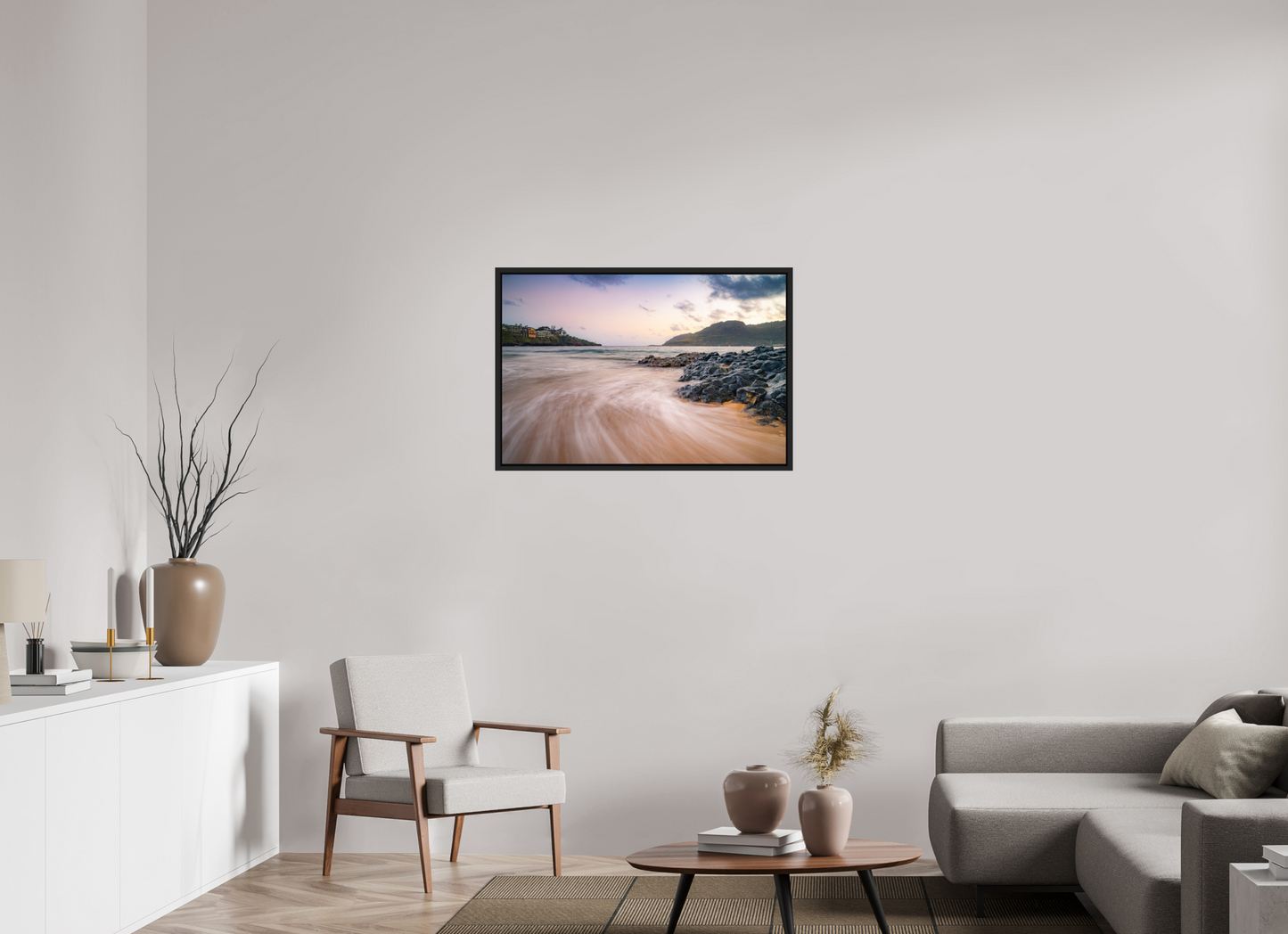 36 x 24″, Photo Print under Acrylic Glass with Black Wood Floater Frame Waves Retreating