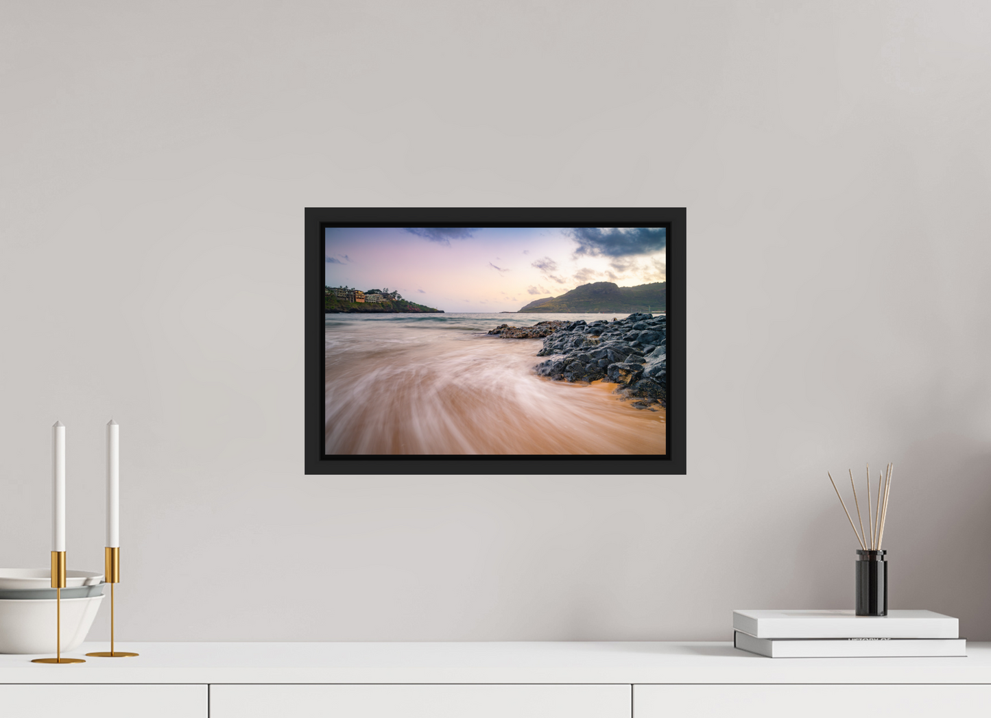 15 x 10″, Photo Print under Acrylic Glass with Black Wood Floater Frame Waves Retreating