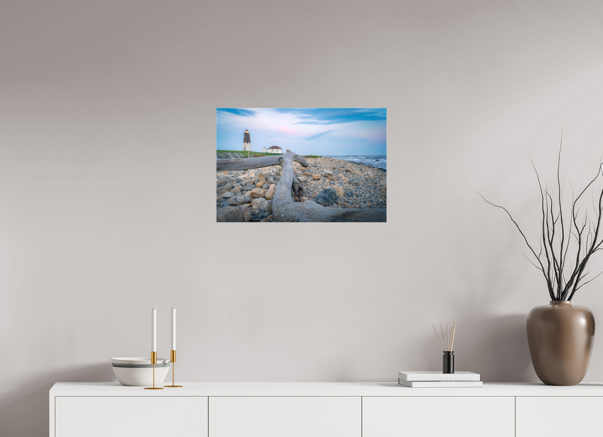 24 x 16″, Matte Canvas Print Driftwood at Pt. Judith Lighthouse
