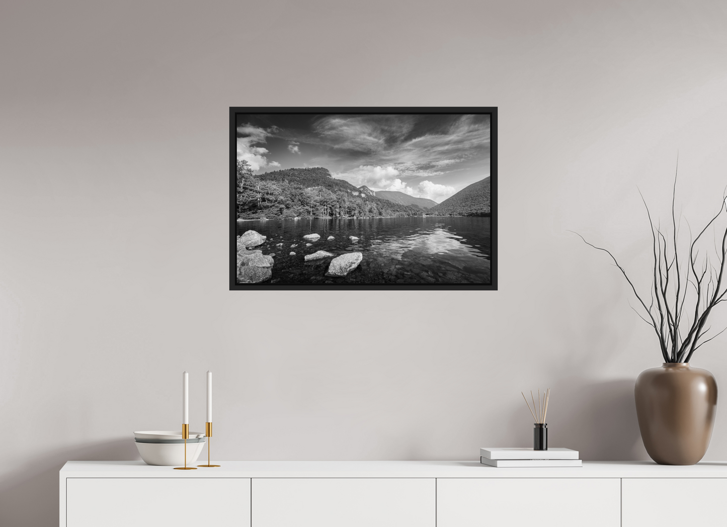30 x 20″, Photo Print under Acrylic Glass with Black Wood Floater Frame Overlooking Echo Lake