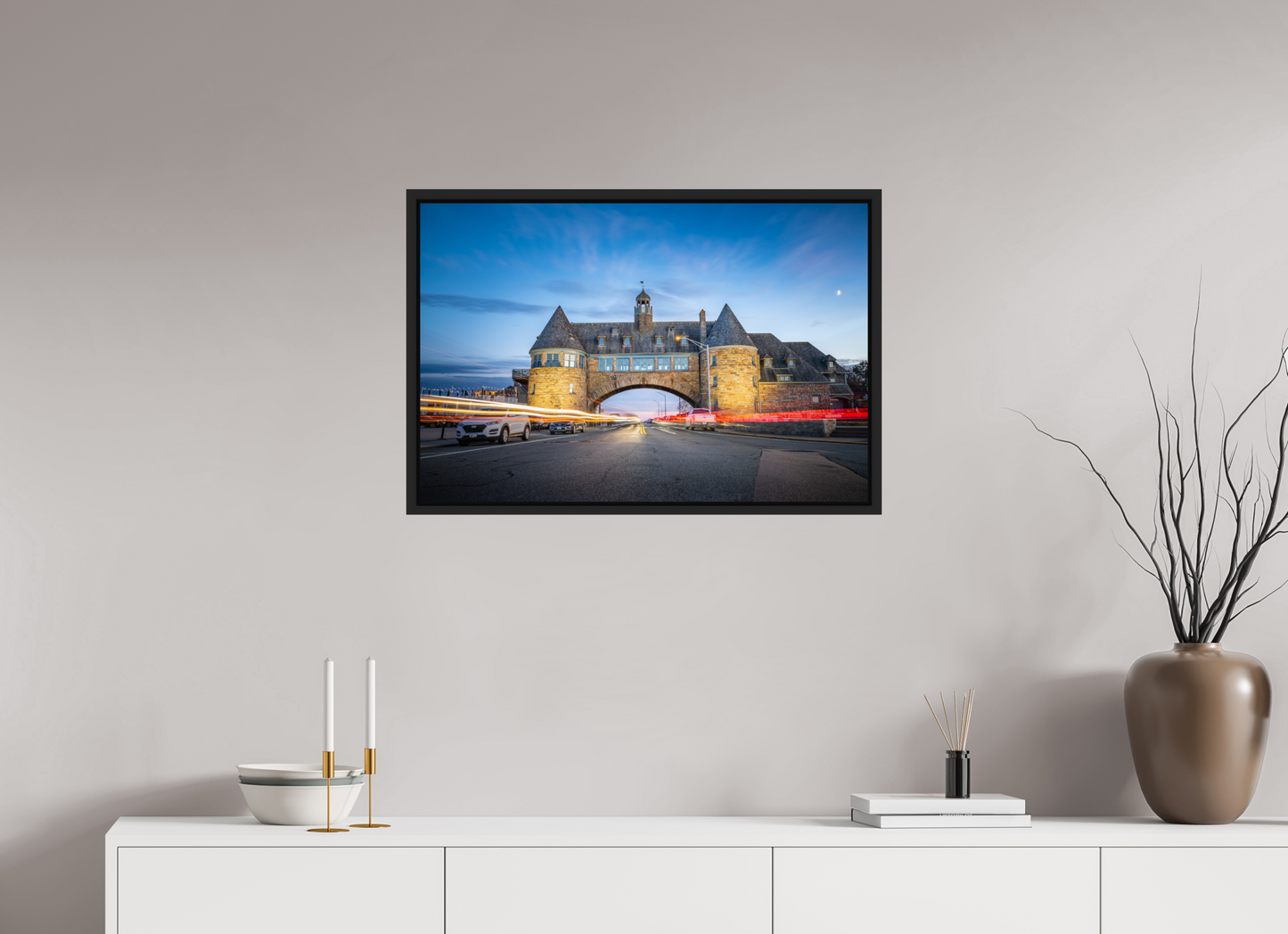 30 x 20″, ChromaLuxe HD Metal Print with Black Wood Floater Frame Narragansett Towers and Light Trails