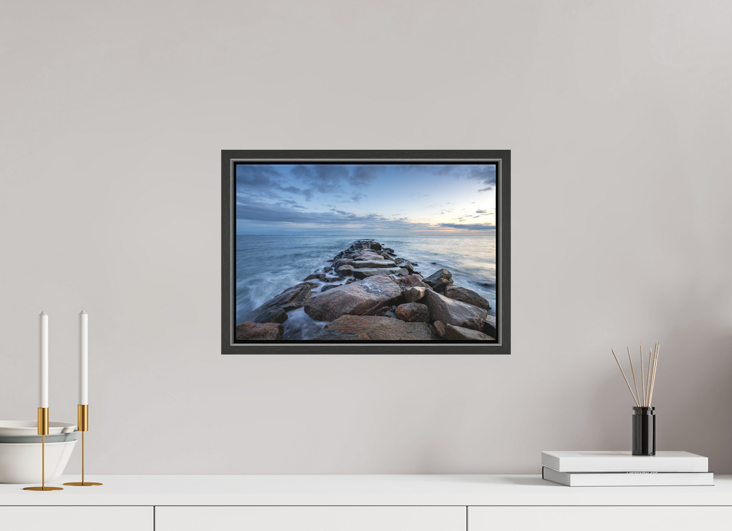 15 x 10″, Matte Canvas Print with Black Wood Floater Frame Roger Wheeler State Beach at Blue Hour