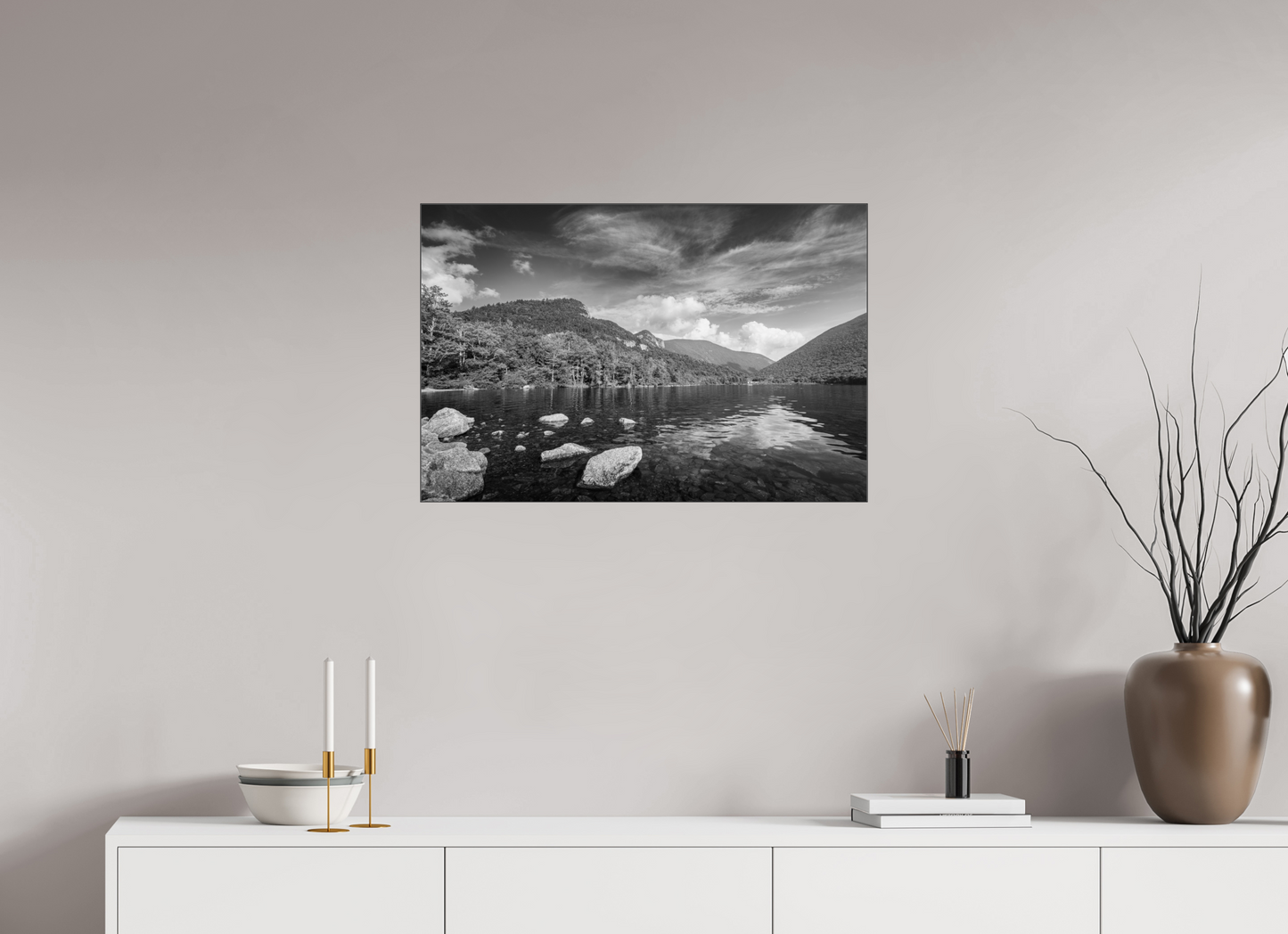 30 x 20″, Photo Print under Acrylic Glass with Black Slimline Case Overlooking Echo Lake