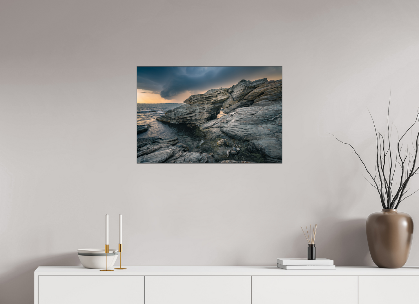 30 x 20″, Premium Photo Print under Acrylic Glass with Black Slimline Case Thunderstorm Over Beavertail Arch