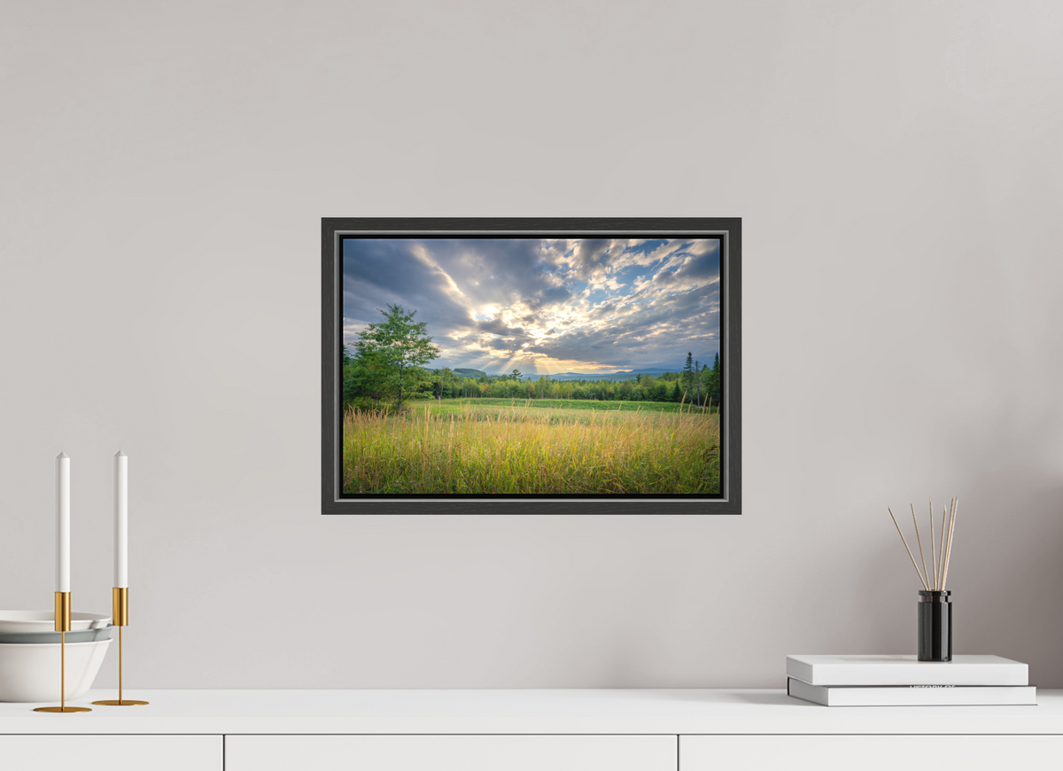 15 x 10″, Matte Canvas Print with Black Wood Floater Frame Mountain Sun Rays