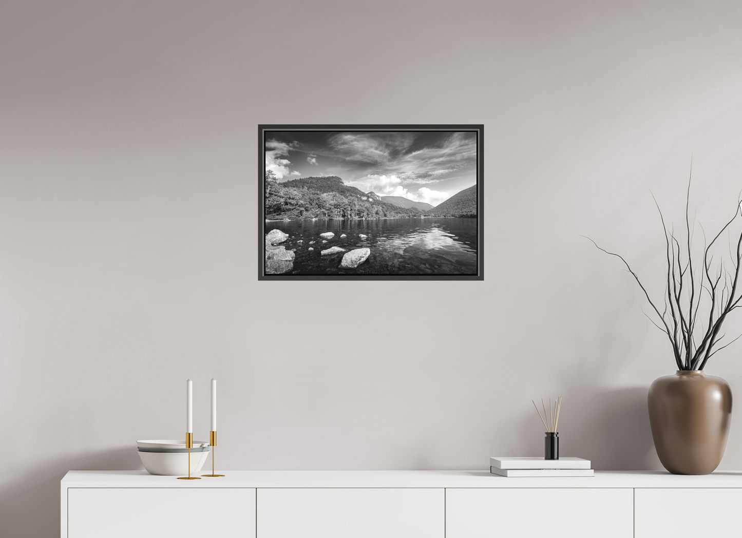 24 x 16″, Matte Canvas Print with Black Wood Floater Frame Overlooking Echo Lake