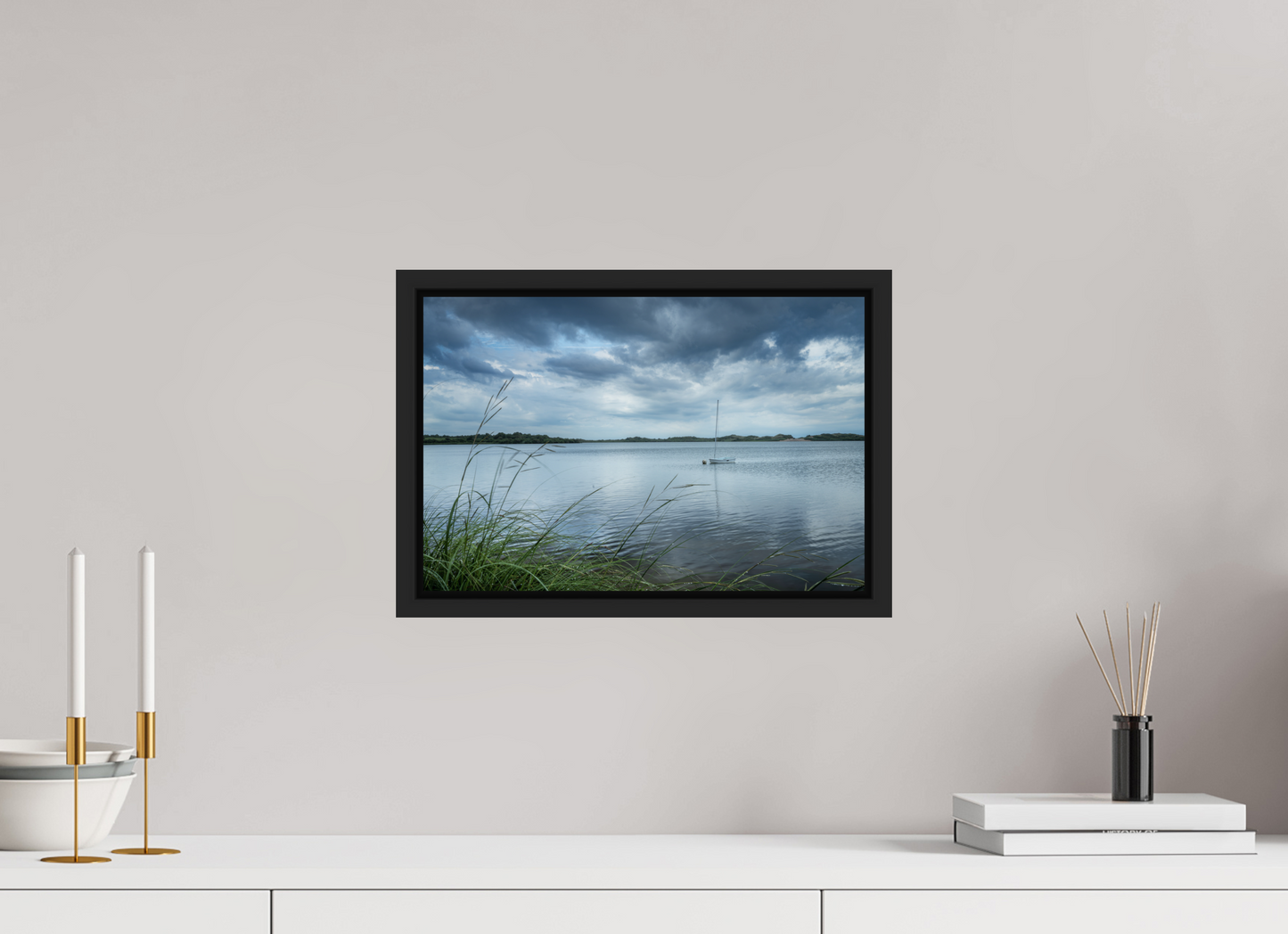 15 x 10″, ChromaLuxe HD Metal Print with Black Wood Floater Frame Lonely Boat on Sachem Pond