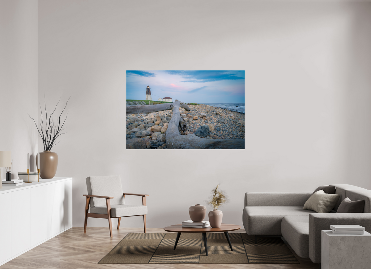 66 x 44″, Premium Photo Print under Acrylic Glass Driftwood at Pt. Judith Lighthouse