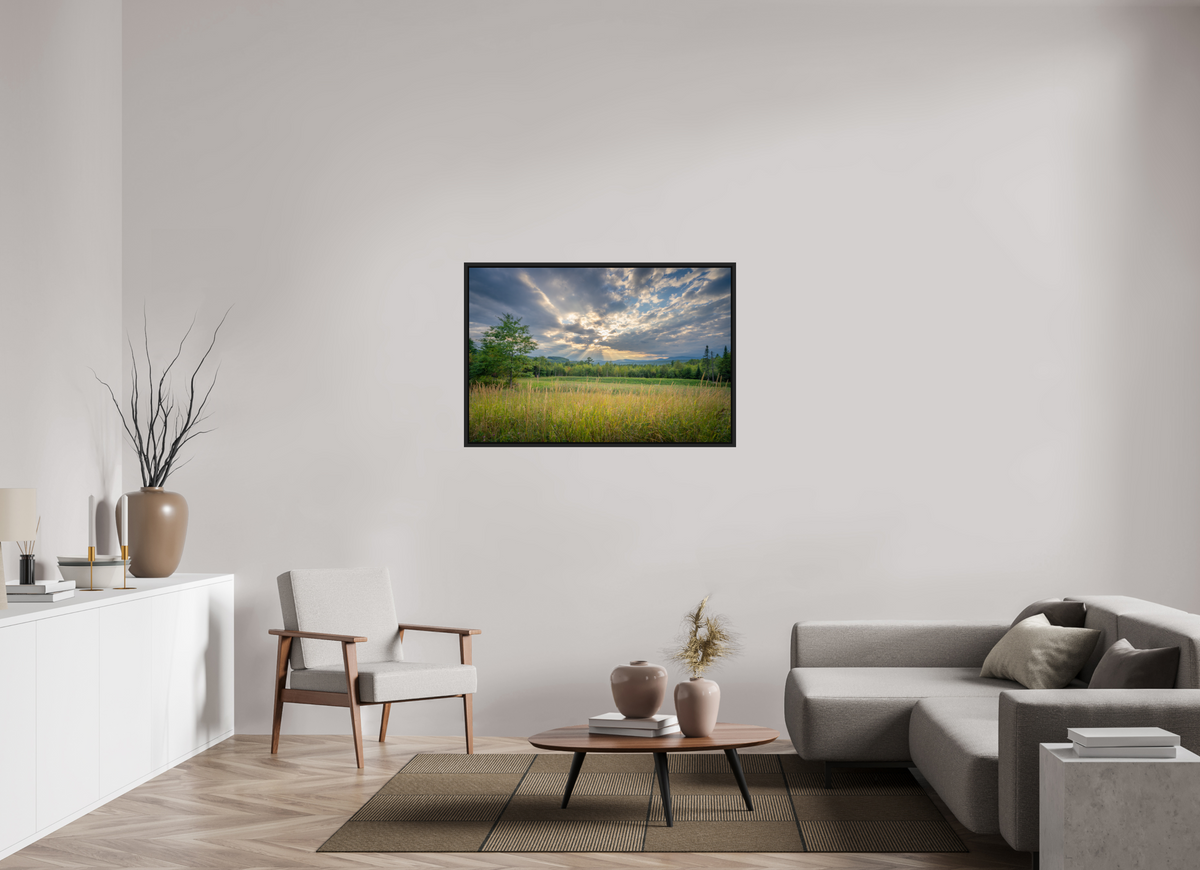 45 x 30″, Premium ChromaLuxe HD Aluminum Metal Print with Black Wood Floater Frame Mountain Sun Rays