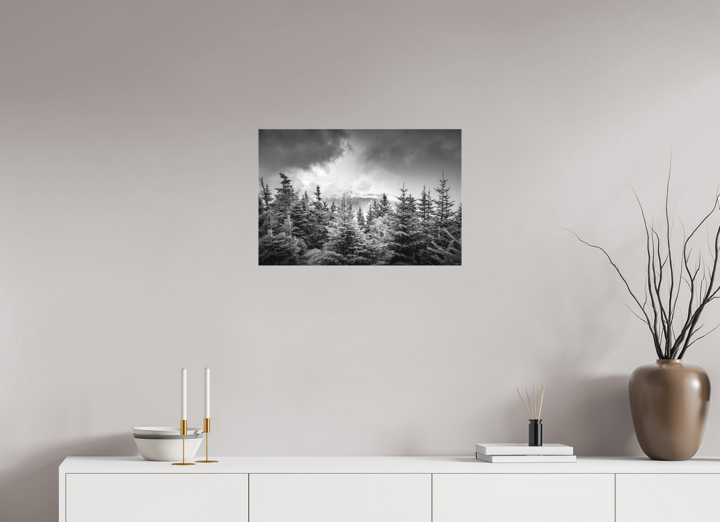 24 x 16″, Matte Canvas Print Pines in Mountain Clouds