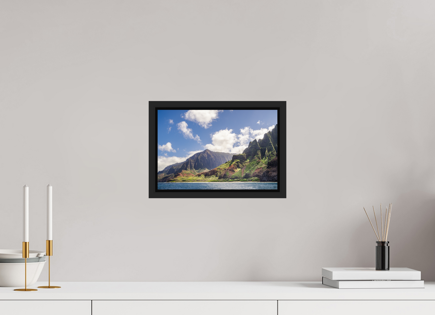 12 x 8″, Photo Print under Acrylic Glass with Black Wood Floater Frame The Napali Coast