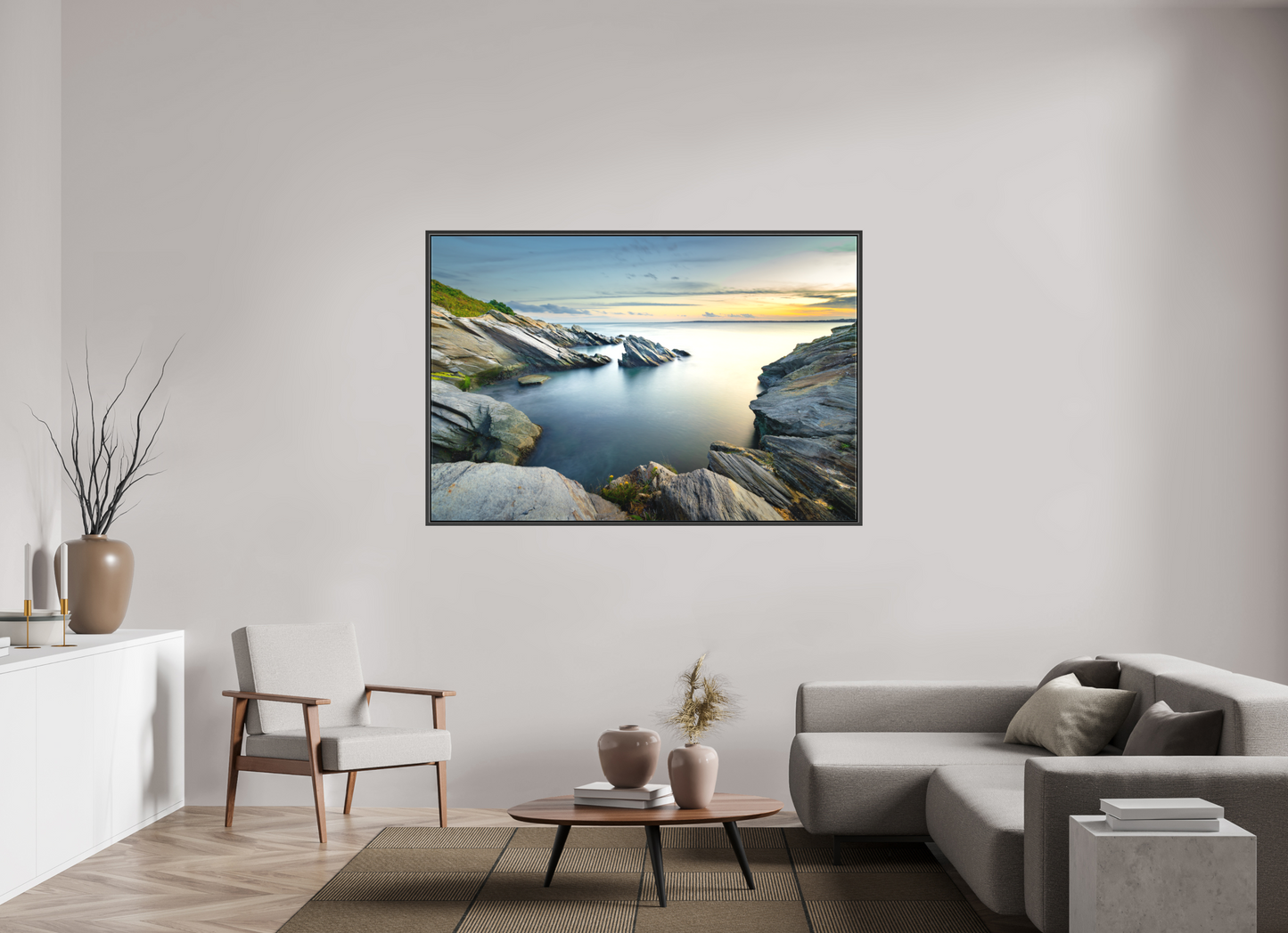 66 x 44″, Matte Canvas Print with Black Wood Floater Frame Sunset and Solitude