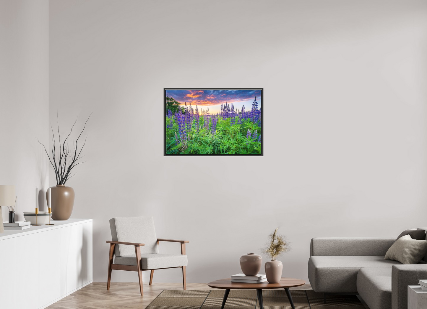 36 x 24″, Matte Canvas Print with Black Wood Floater Frame Lupine Sunset