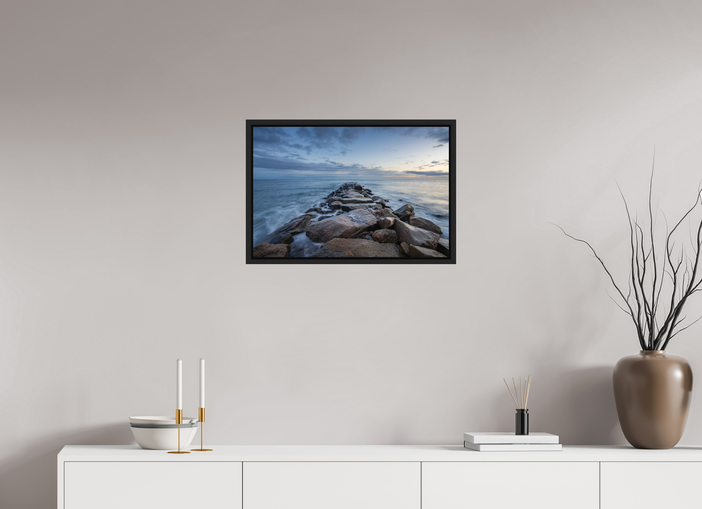 24 x 16″, Photo Print under Acrylic Glass with Black Wood Floater Frame Roger Wheeler State Beach at Blue Hour