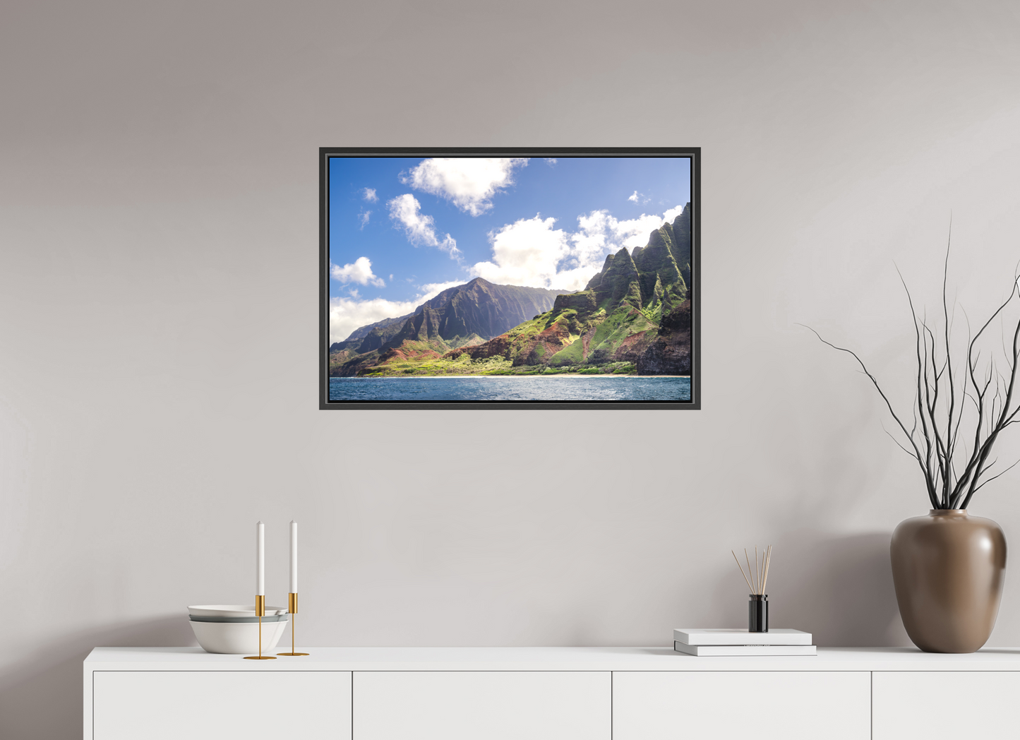 30 x 20″, Matte Canvas Print with Black Wood Floater Frame The Napali Coast