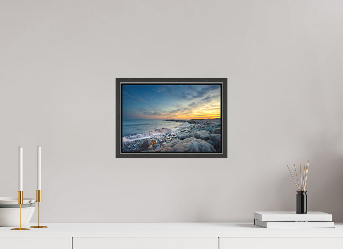 12 x 8″, Matte Canvas Print with Black Wood Floater Frame Sunset at Camp Cronin