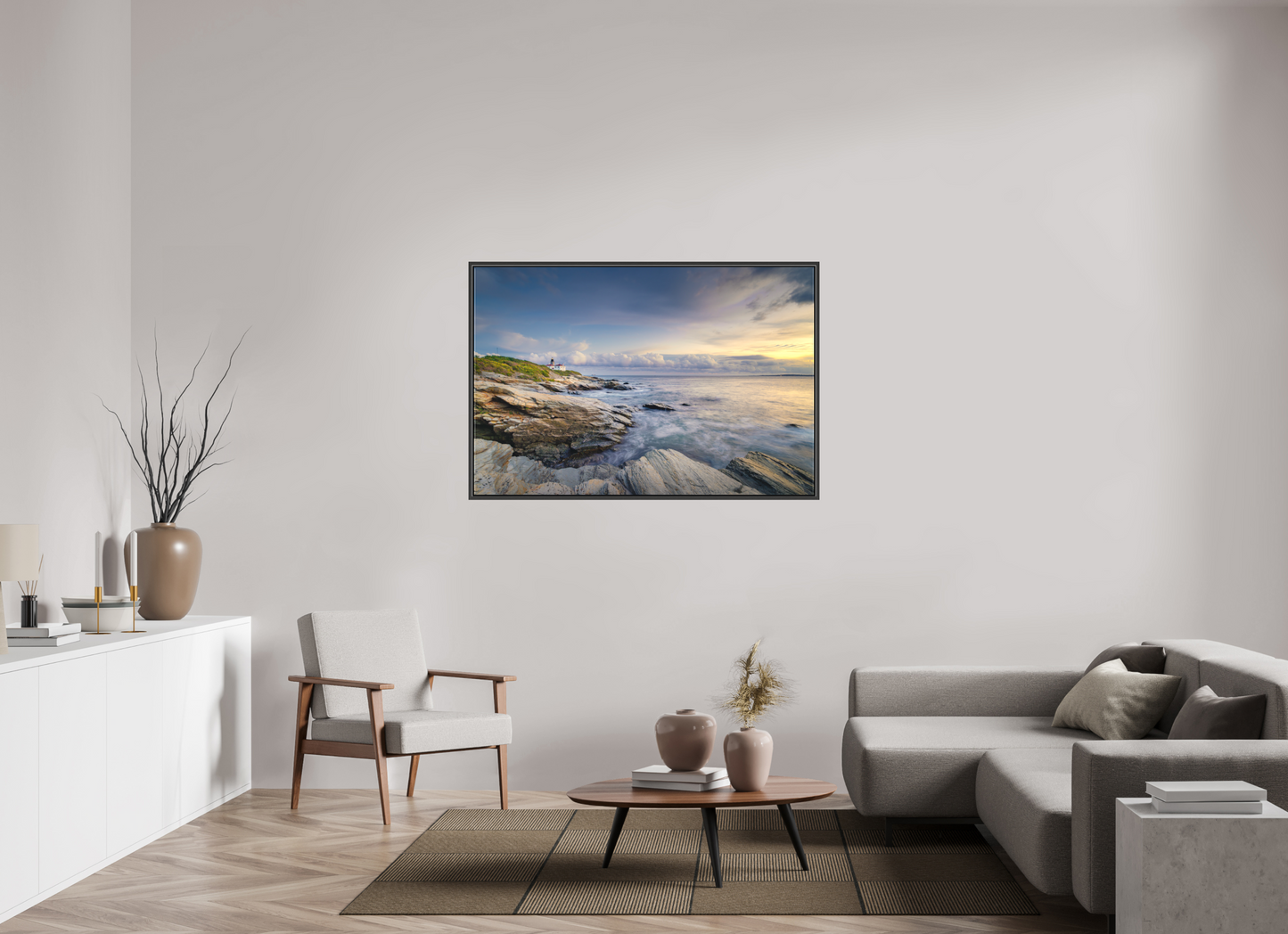 54 x 36″, Matte Canvas Print with Black Wood Floater Frame Twilight at Beavertail Lighthouse