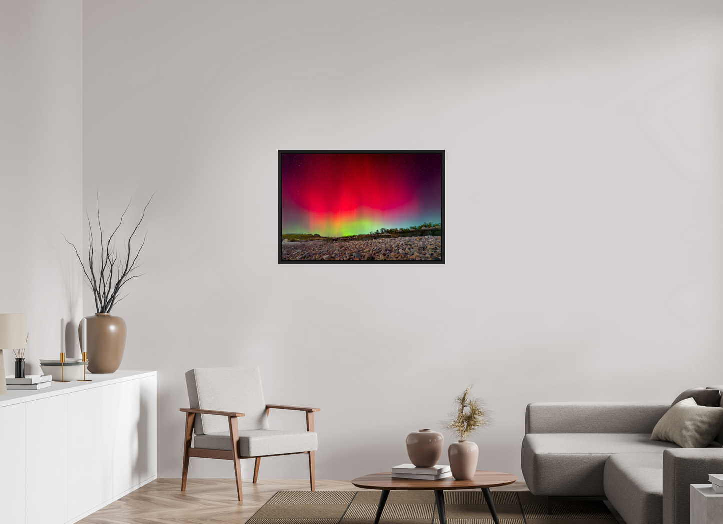 36 x 24″, Photo Print under Acrylic Glass with Black Wood Floater Frame Aurora Borealis at Camp Cronin