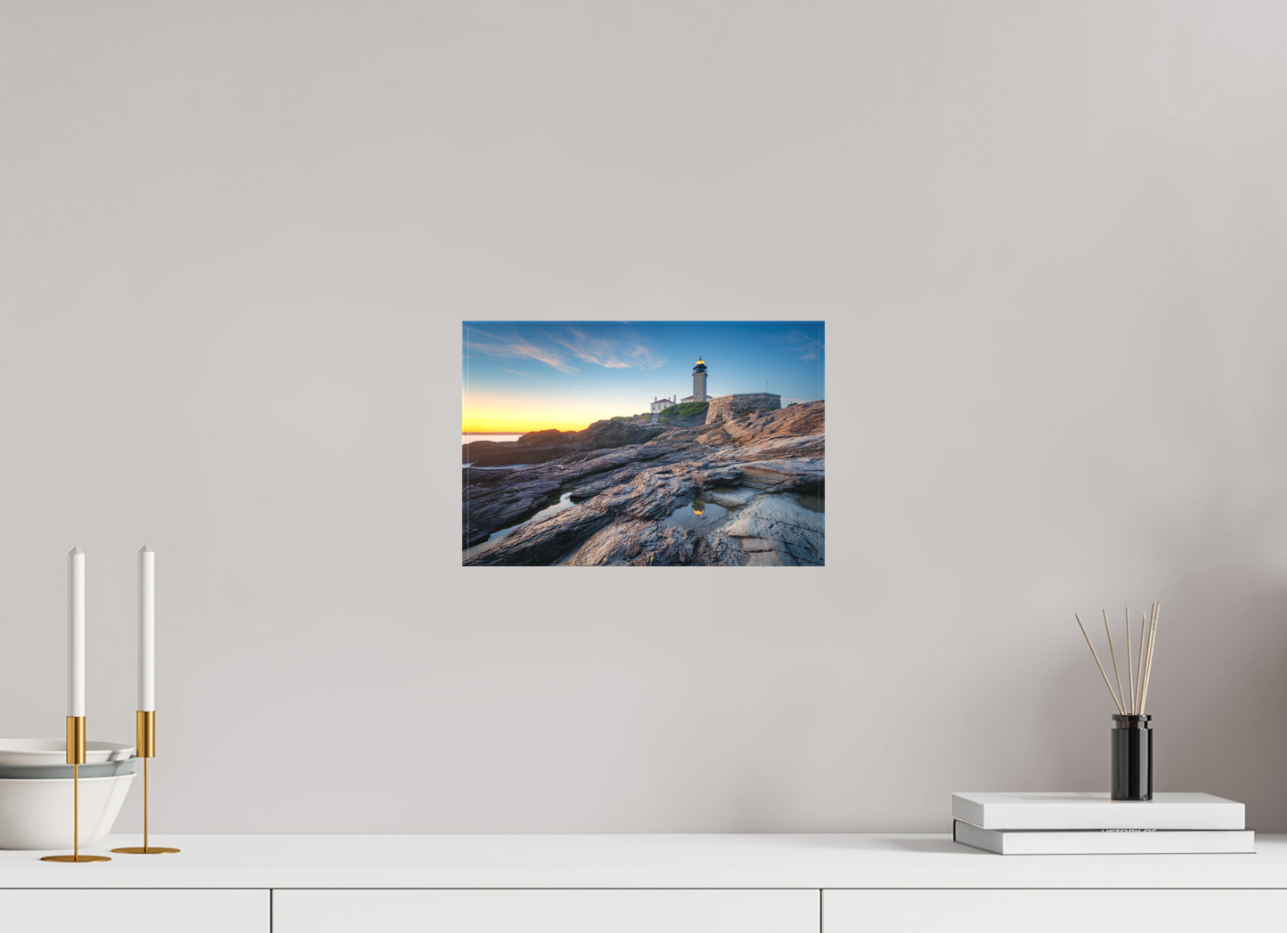 12 x 8″, Matte Canvas Print Beavertail Lighthouse Tide Pool Reflection