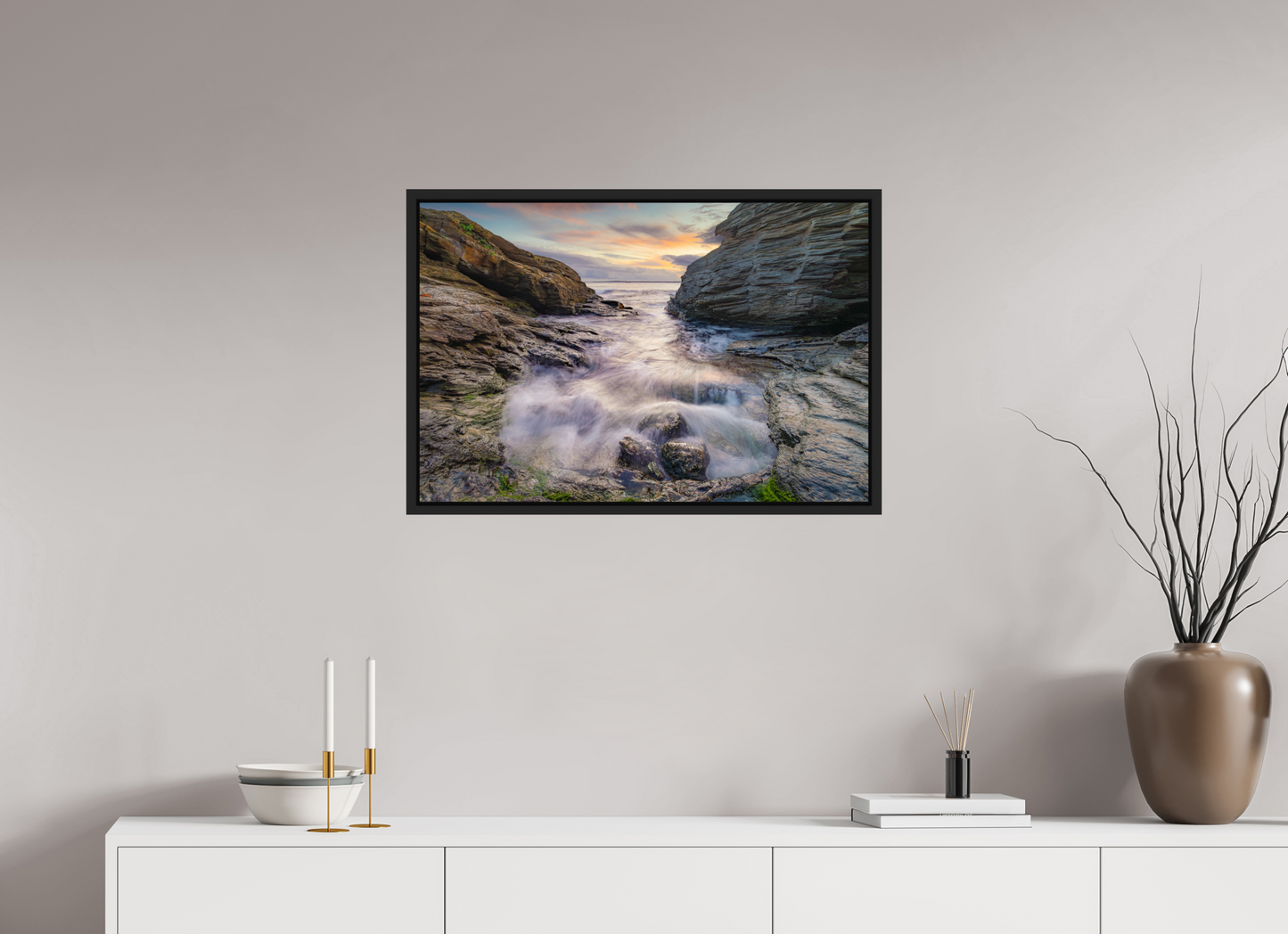 30 x 20″, Photo Print Under Acrylic Glass with Black Wood Floater Frame Waves Approaching