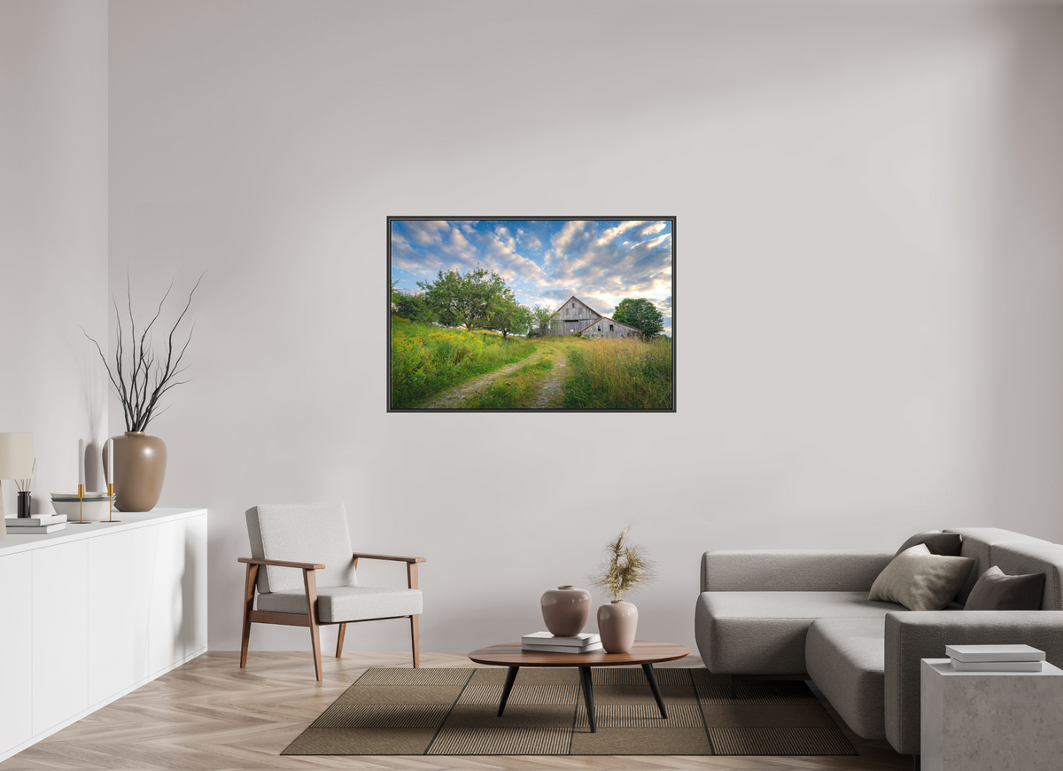 54 x 36″, Matte Canvas Print with Black Wood Floater Frame Countryside Barn