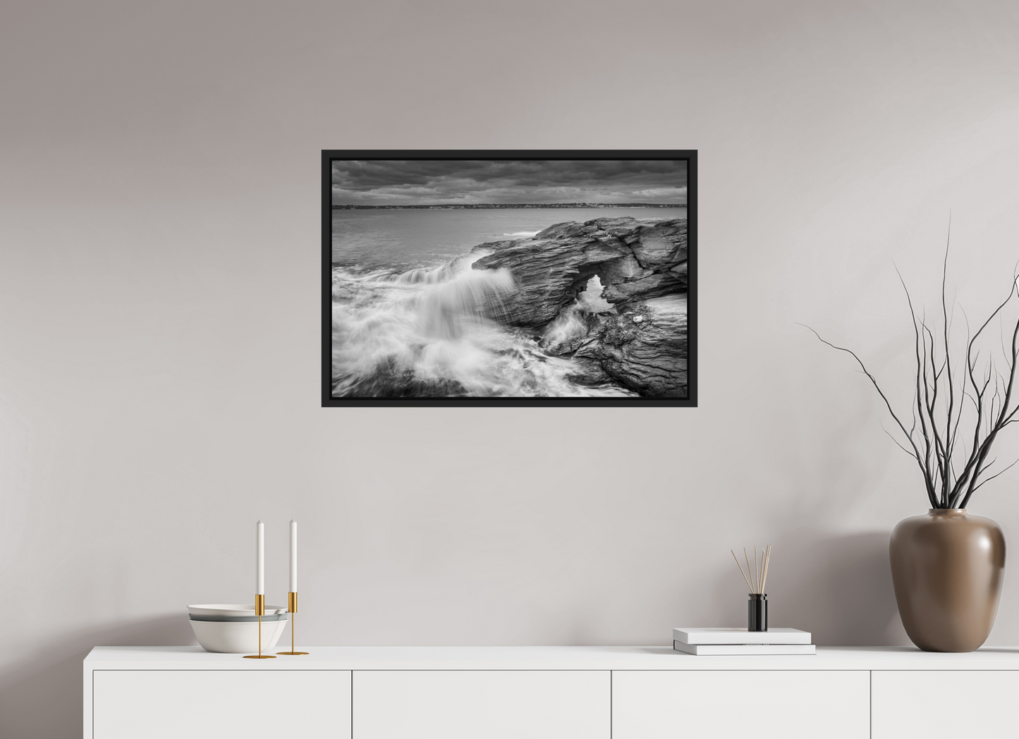 30 x 20″, Photo Print under Acrylic Glass with Black Wood Floater Frame Waves Over Arches