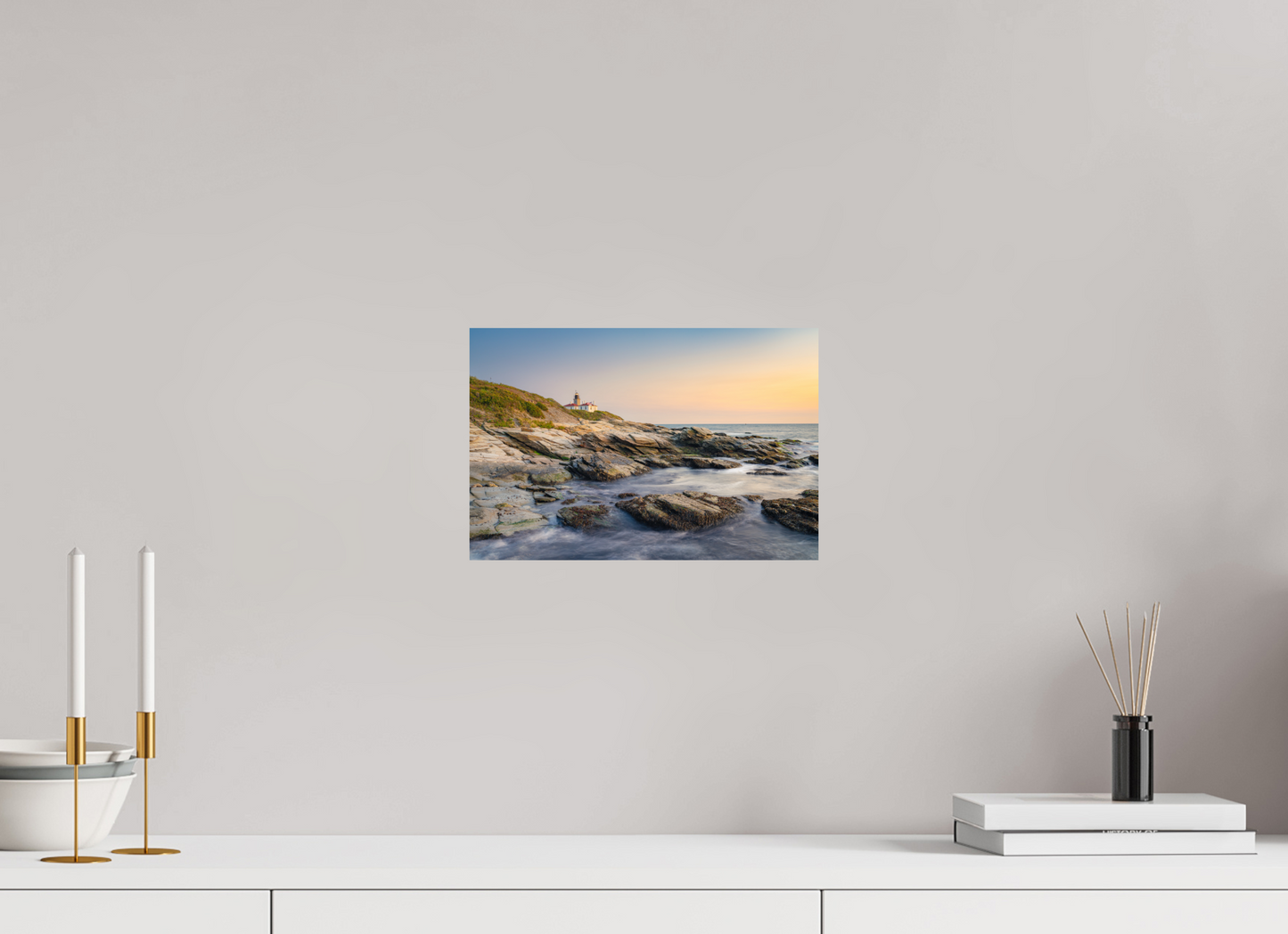 12 x 8″, Premium ChromaLuxe HD Aluminum Metal Print Quiet Sunset at Beavertail Lighthouse