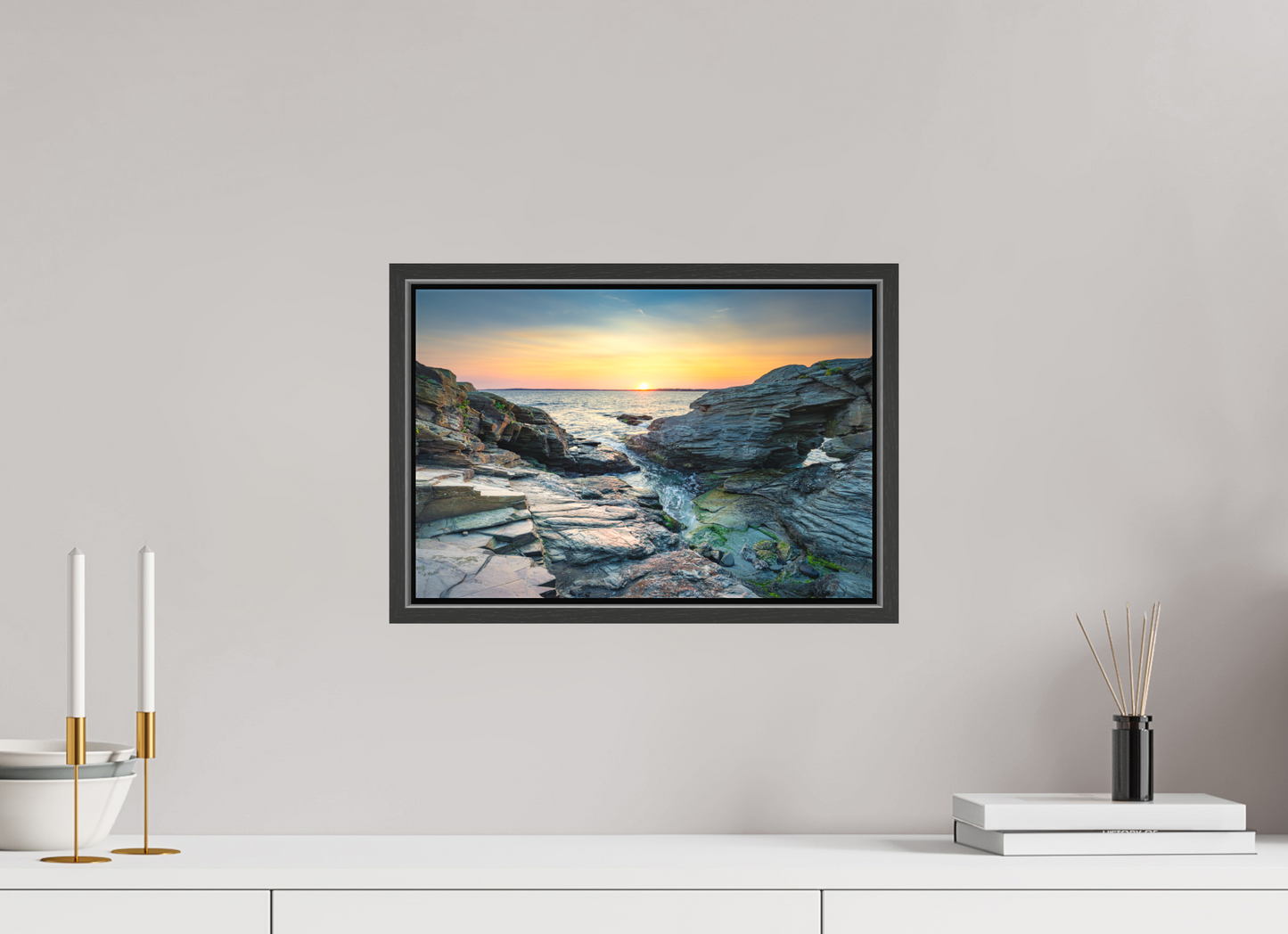15 x 10″, Matte Canvas Print with Black Wood Floater Frame Sun on the Horizon